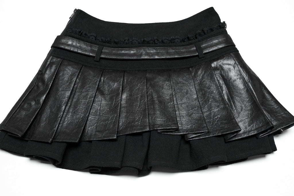 Punk Rave Jianna Pleated Skirt – Faux Leather and Lace Edgy Mini Skirt