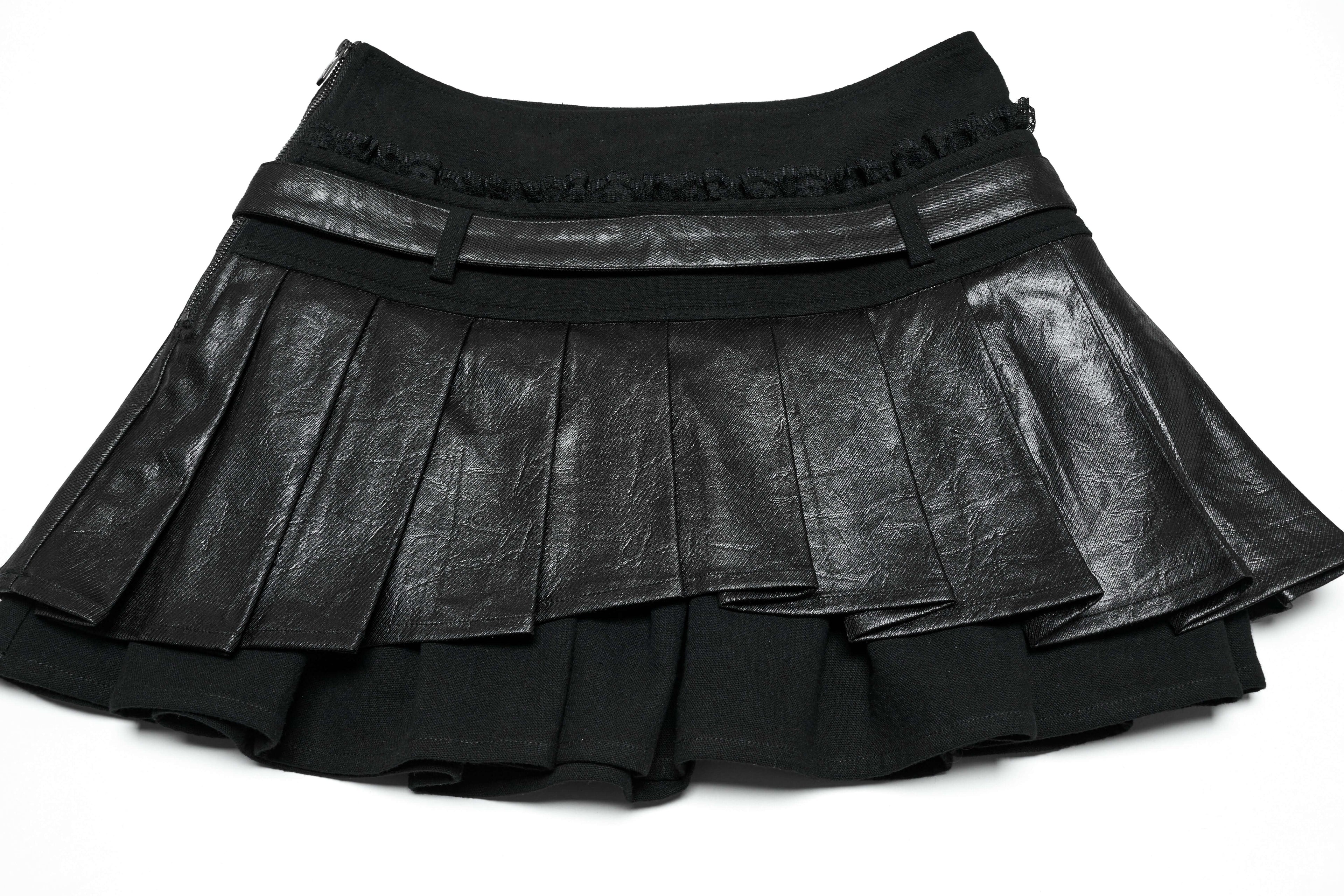 Punk Rave Jianna Pleated Skirt – Faux Leather and Lace Edgy Mini Skirt