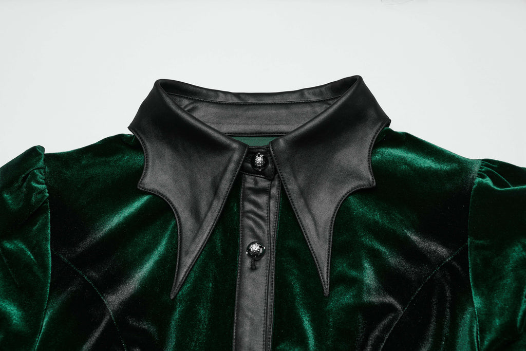 Punk Rave Fawn Gradient Printed Velvet Shirt in Green | Bat Collar