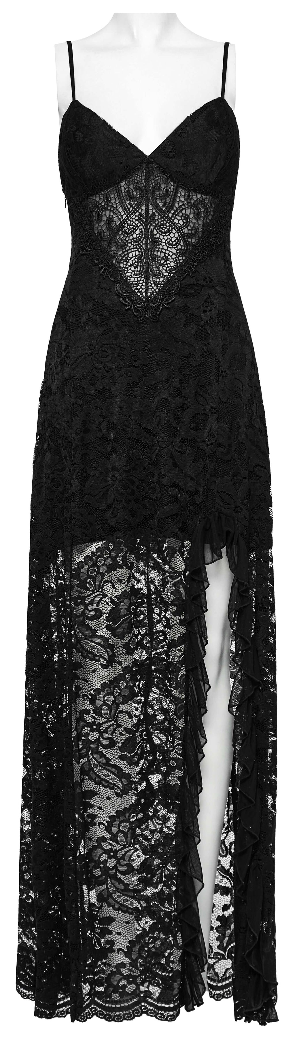 Punk Rave Aviva Black Lace Dress – Elegant V-Neck Ruffled High Slit