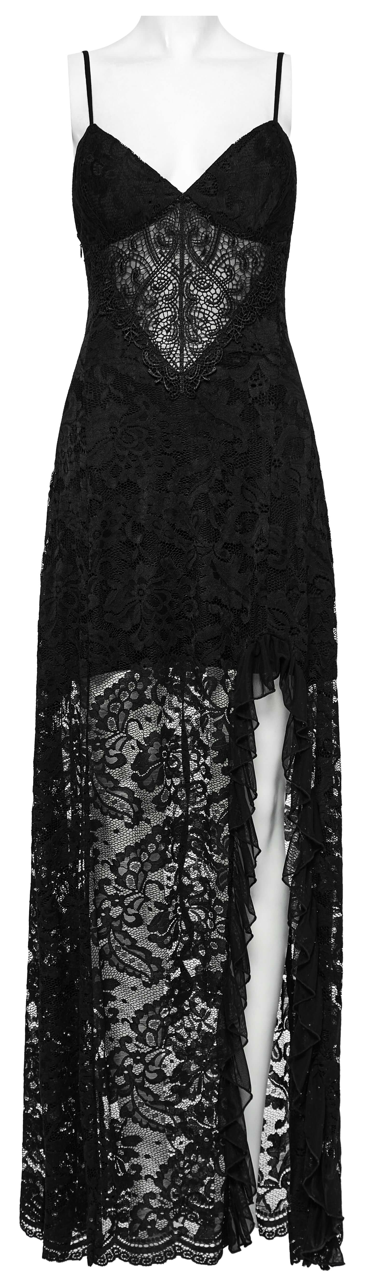 Punk Rave Aviva Black Lace Dress – Elegant V-Neck Ruffled High Slit