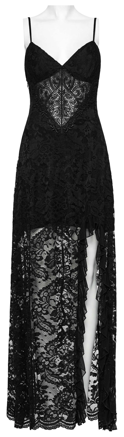 Punk Rave Aviva Black Lace Dress – Elegant V-Neck Ruffled High Slit