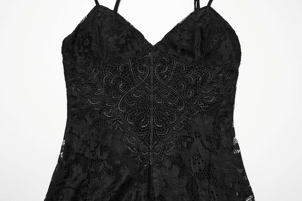 Punk Rave Aviva Black Lace Dress – Elegant V-Neck Ruffled High Slit