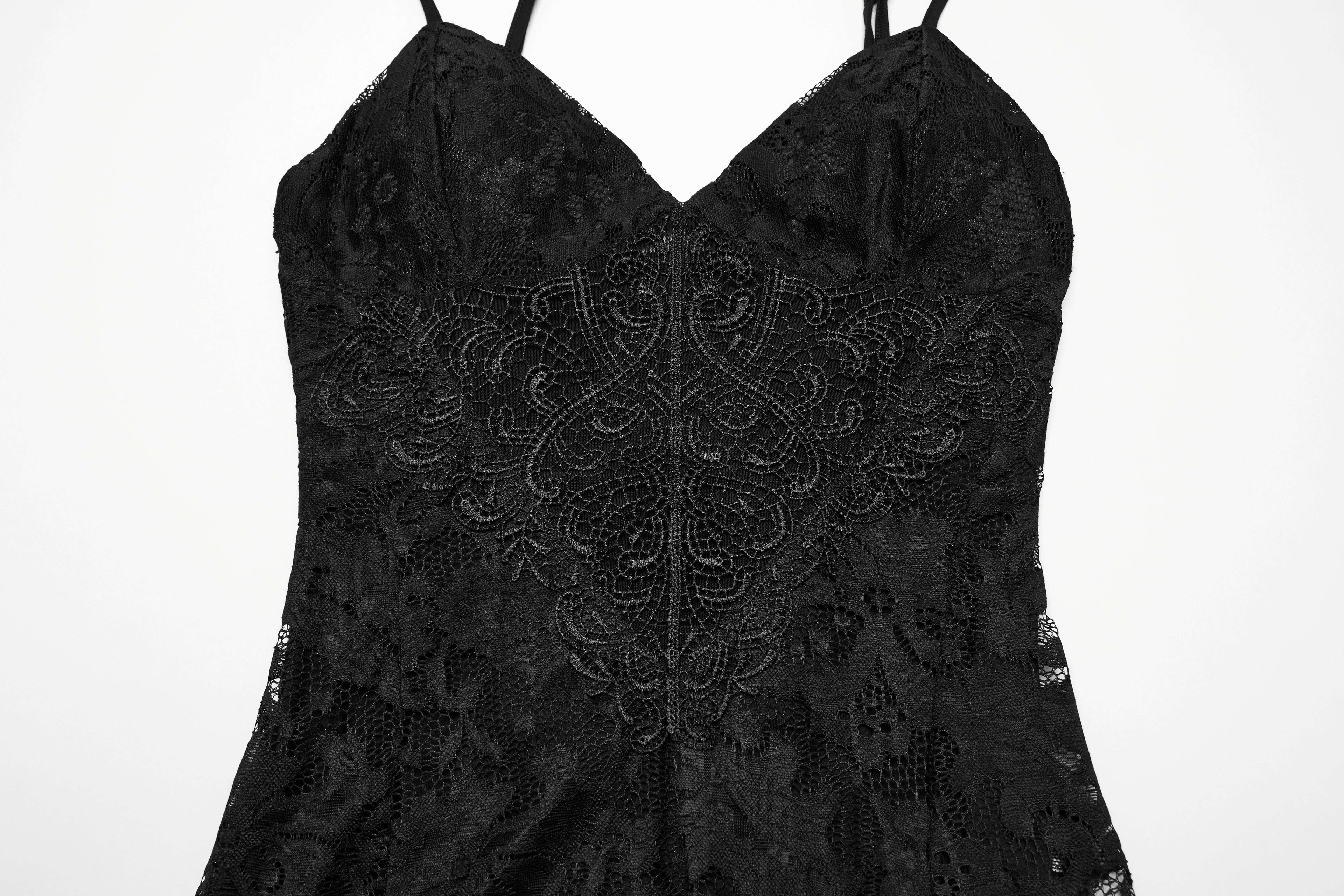 Punk Rave Aviva Black Lace Dress – Elegant V-Neck Ruffled High Slit