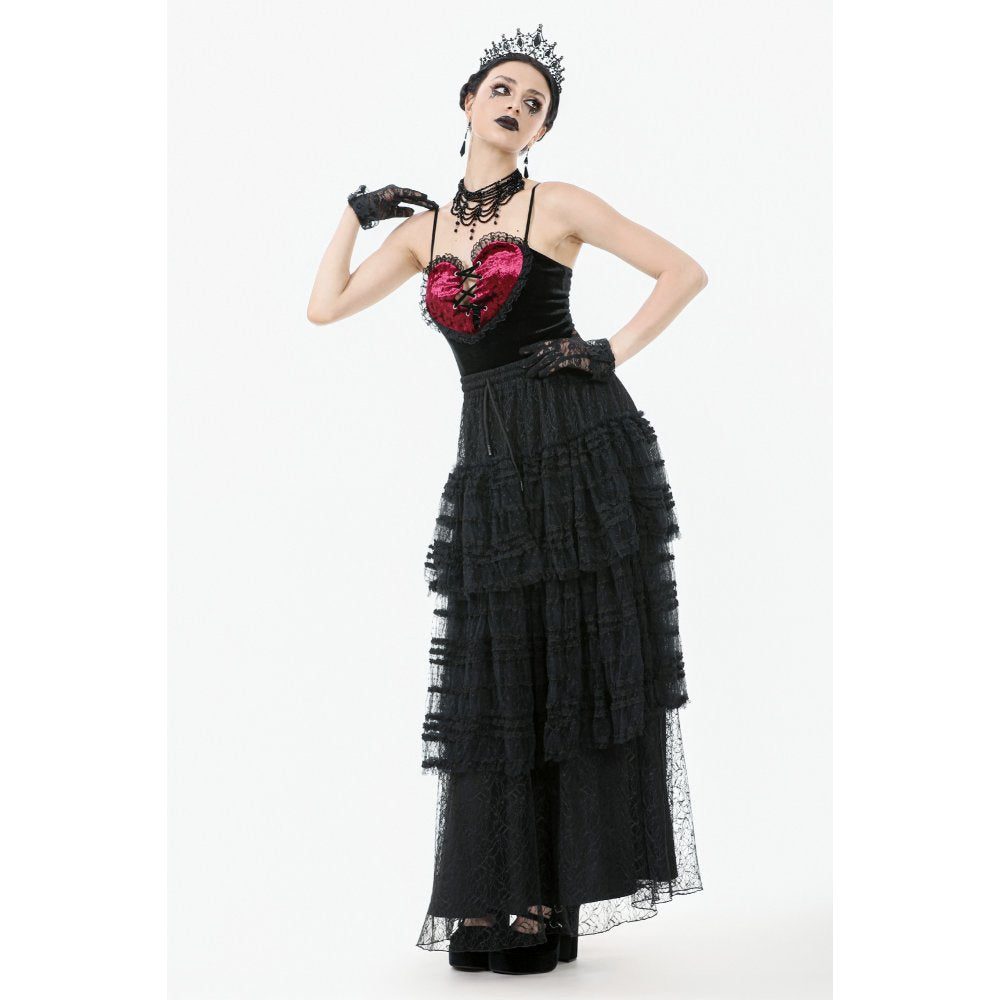 Dark in Love Morticia Gothic Velvet & Lace Tiered Skirt in Black