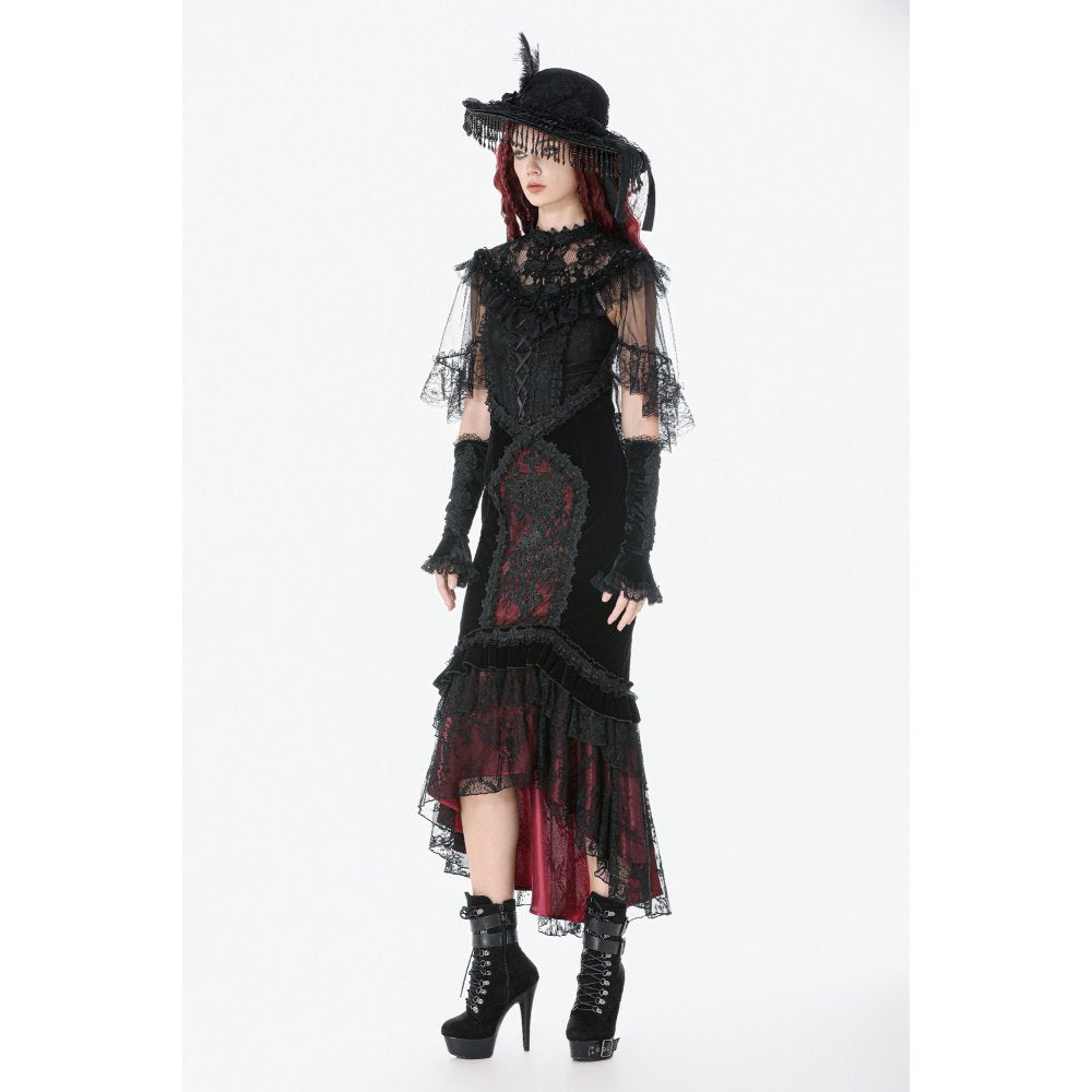 Dark in Love Gothic Velvet Mermaid Skirt – Elegant Red Lace Trim
