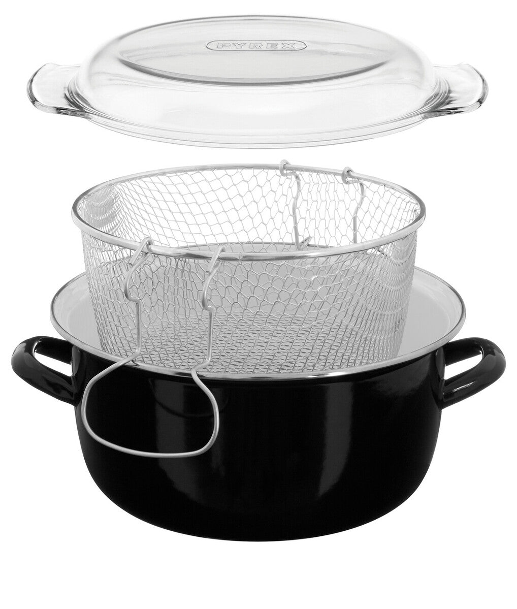 Orsina Telo Black Deep Fryer – Enamel Steel Pot with Wire Basket