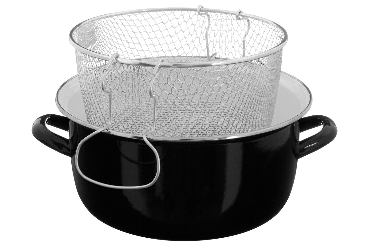 Orsina Telo Black Deep Fryer – Enamel Steel Pot with Wire Basket