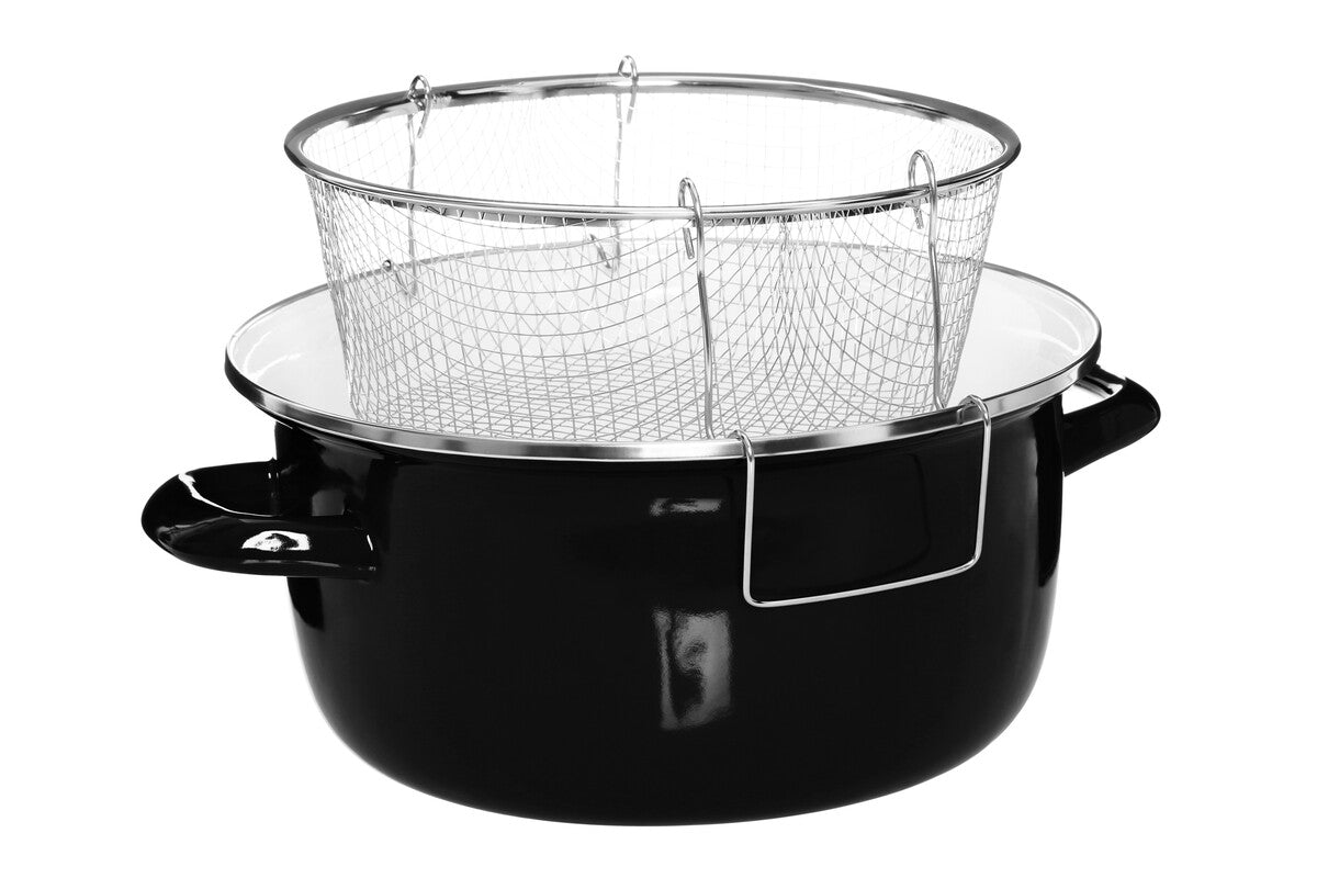 Orsina Telo Black Deep Fryer – Enamel Steel Pot with Wire Basket