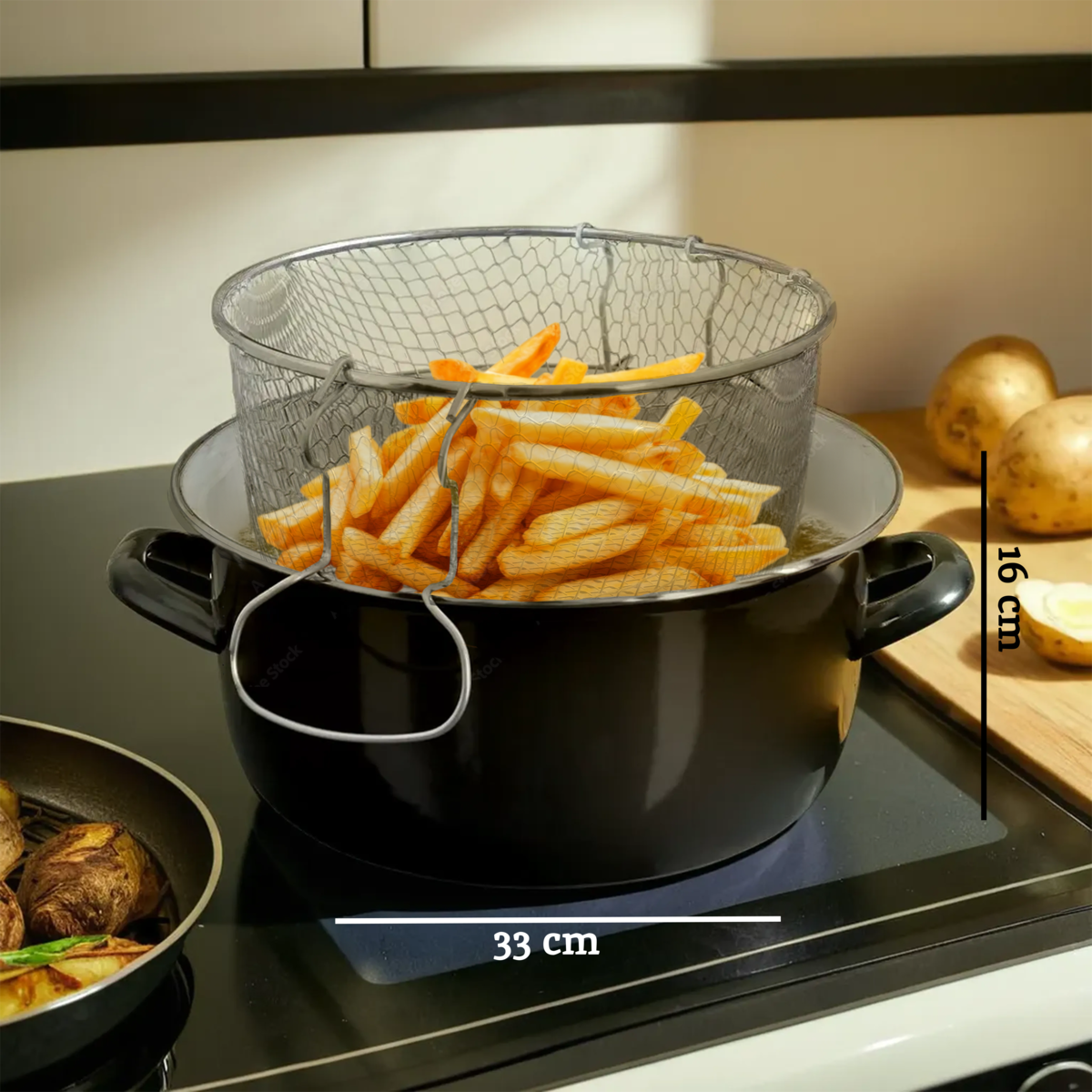 Orsina Telo Black Deep Fryer – Enamel Steel Pot with Wire Basket