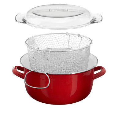Orsina Telo Red Deep Fryer – Enamel Multipurpose Pot with Glass Lid