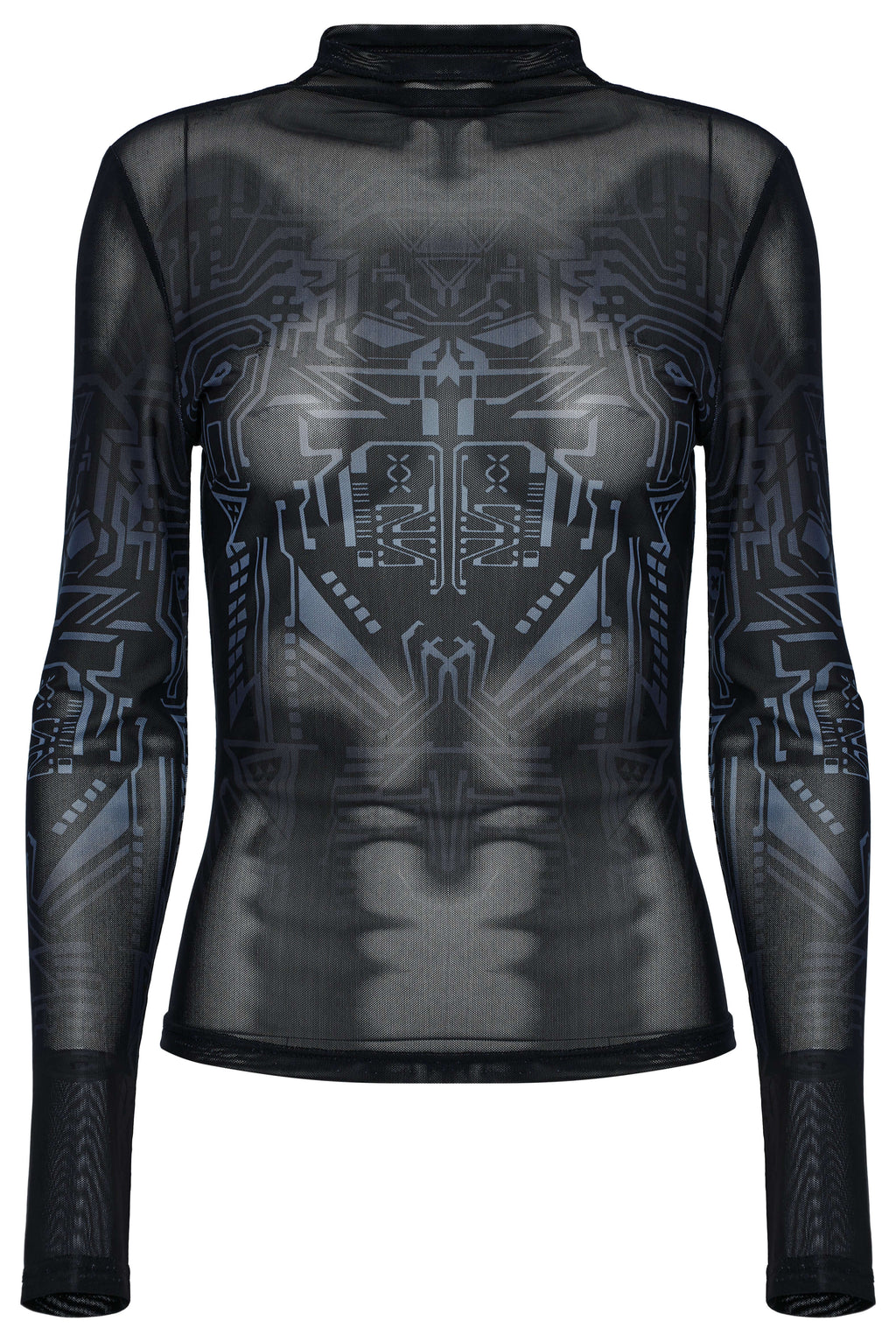 Punk Rave Eluana Cybergoth Mesh Top – Black Mechanical Skull Print