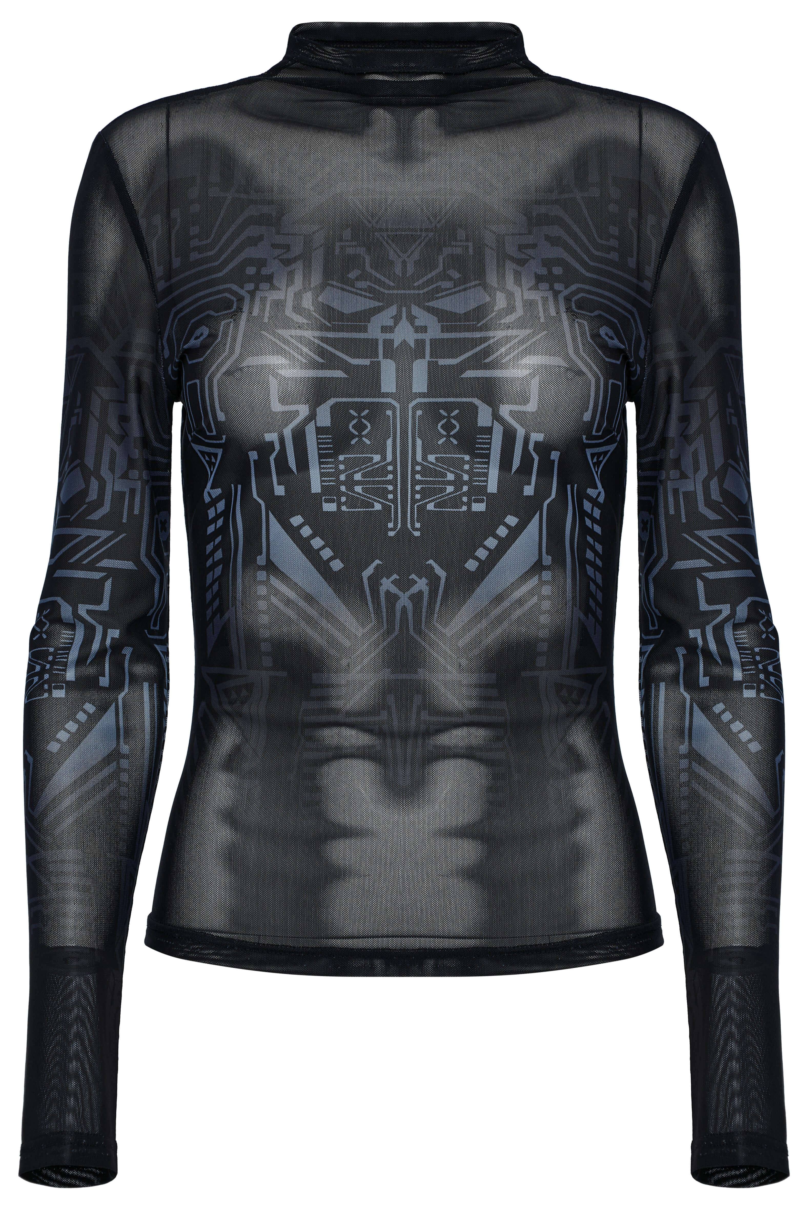 Punk Rave Eluana Cybergoth Mesh Top – Black Mechanical Skull Print