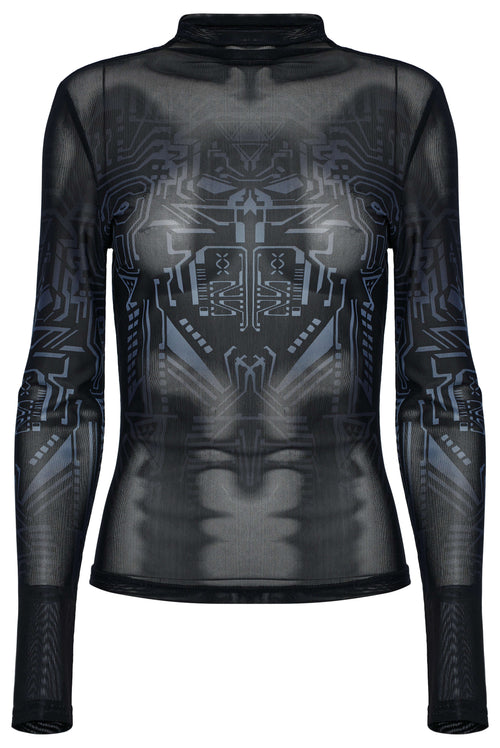 Punk Rave Eluana Cybergoth Mesh Top – Black Mechanical Skull Print