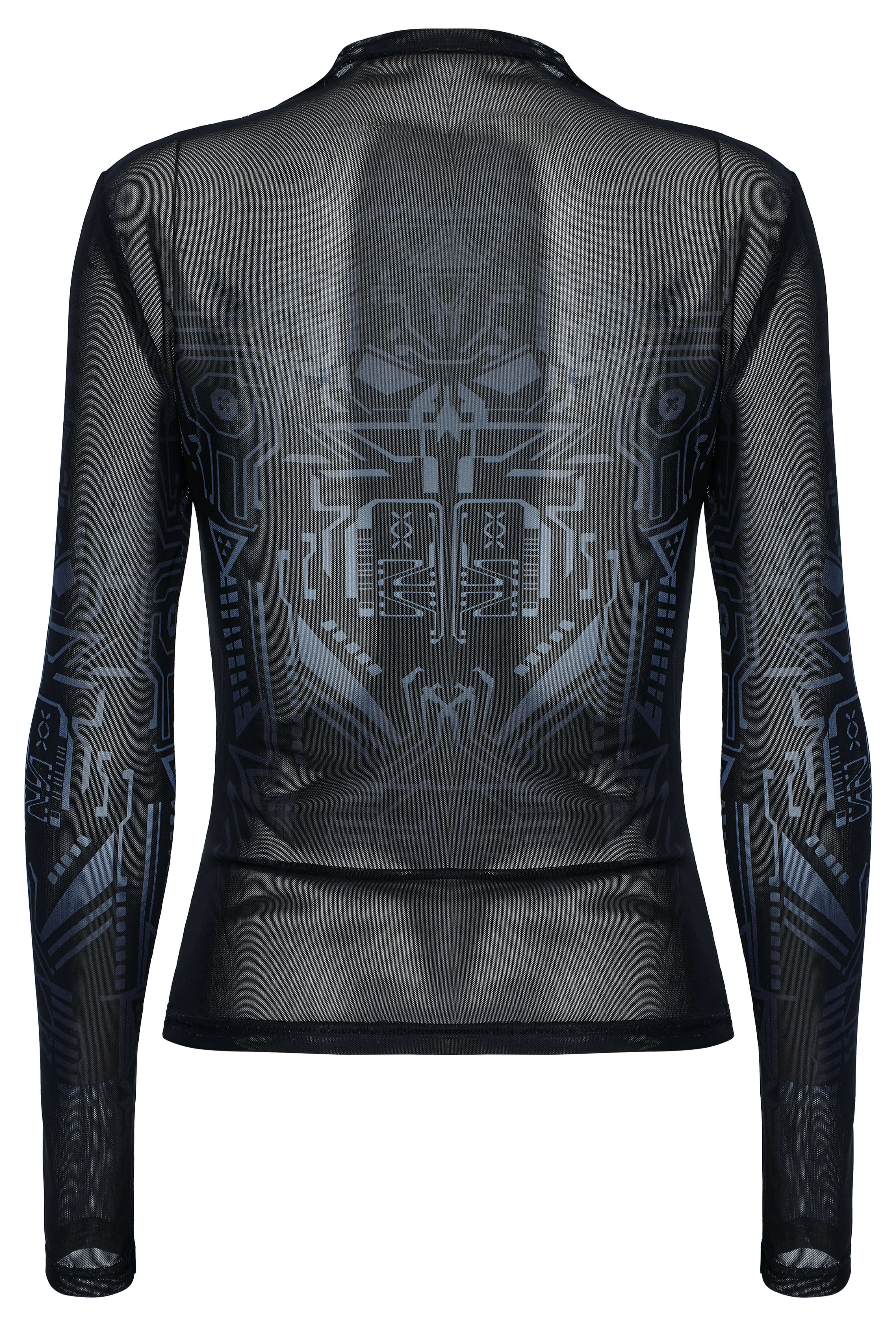 Punk Rave Eluana Cybergoth Mesh Top – Black Mechanical Skull Print