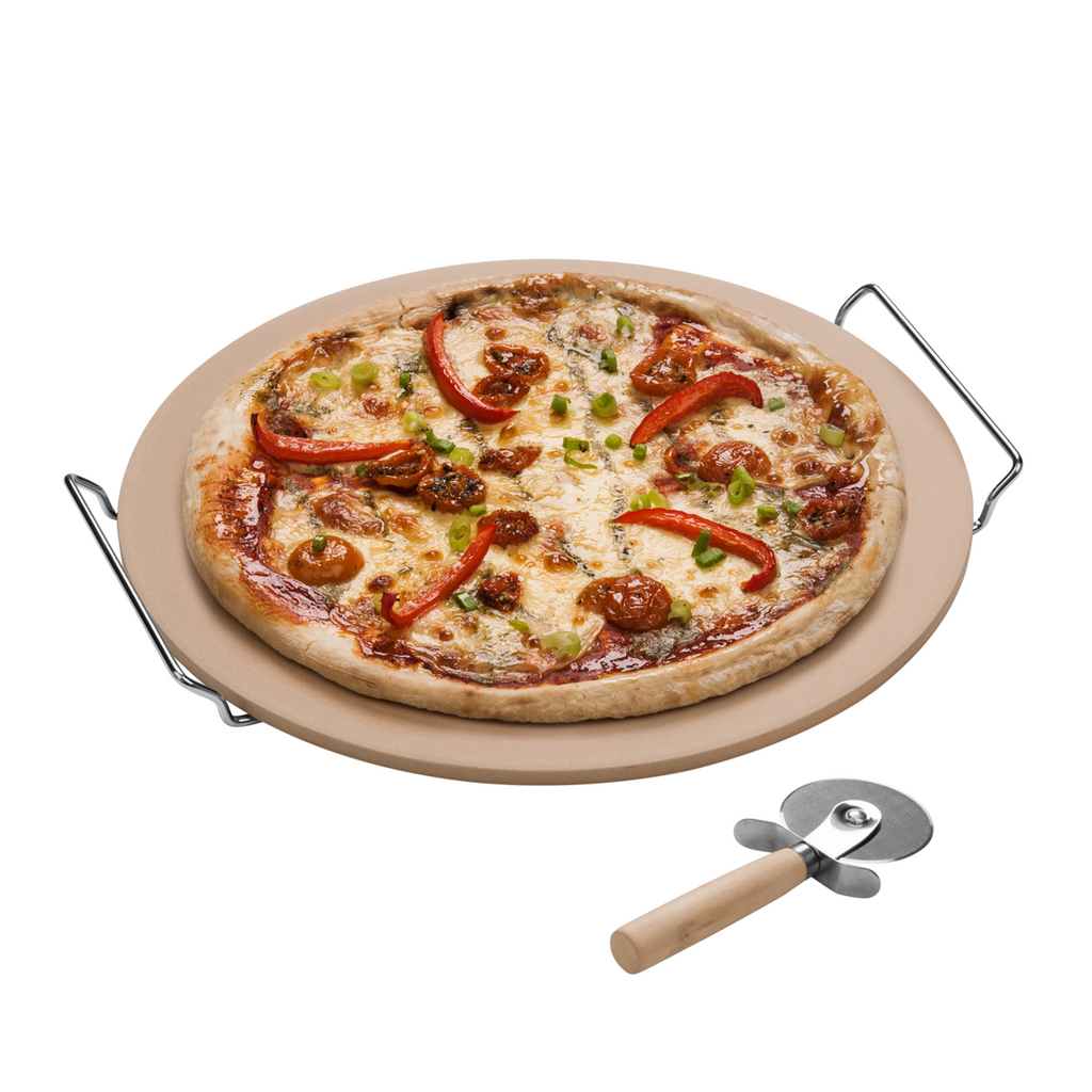 Orsina Pizza Stone and Cutter Set – Large Round Baking Stone with Stand
