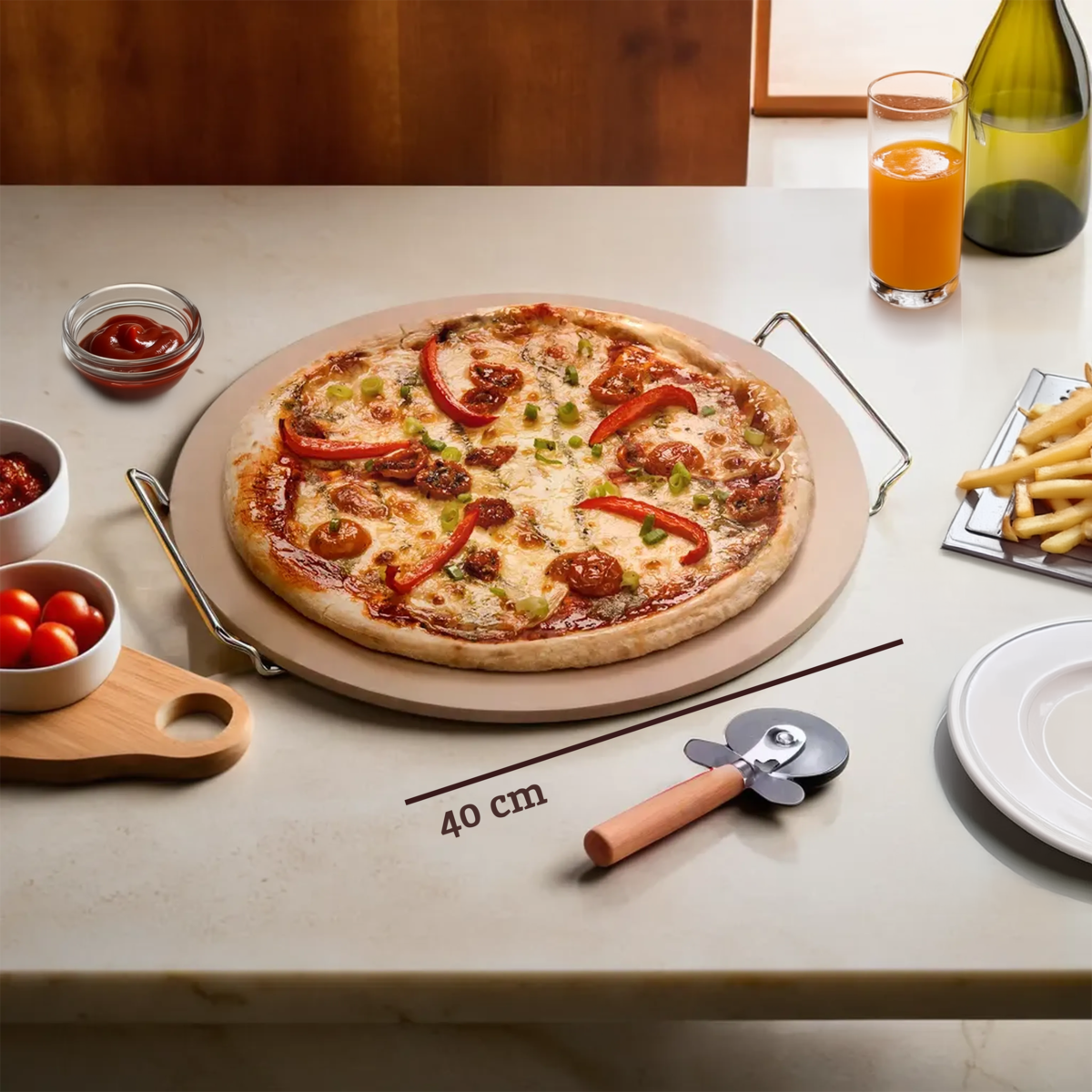 Orsina Pizza Stone and Cutter Set – Large Round Baking Stone with Stand