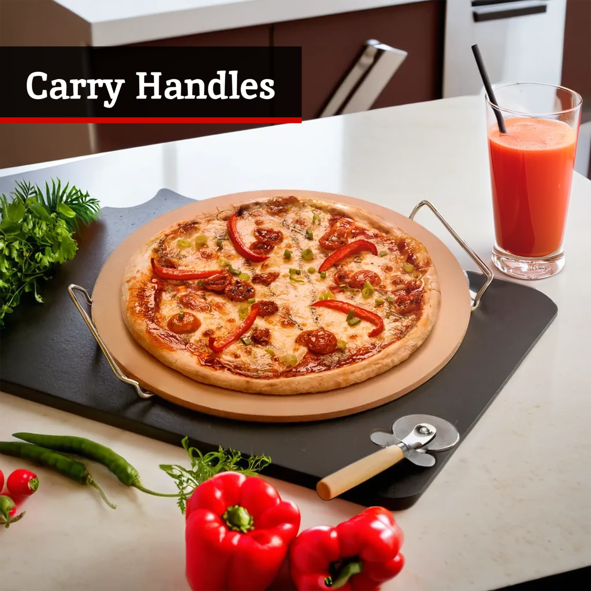 Orsina Pizza Stone and Cutter Set – Large Round Baking Stone with Stand