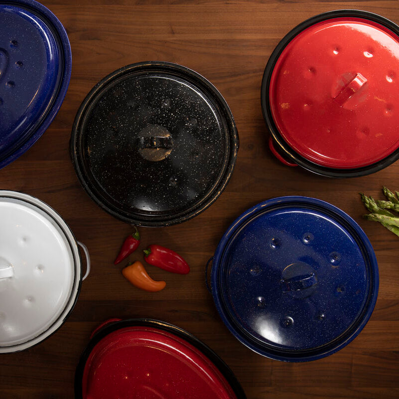 Orsina Round Blue Enamel Roaster – Carbon Steel Self Basting Pan