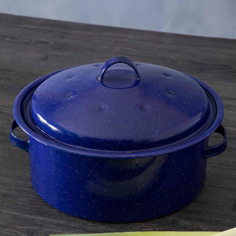 Orsina Round Blue Enamel Roaster – Carbon Steel Self Basting Pan