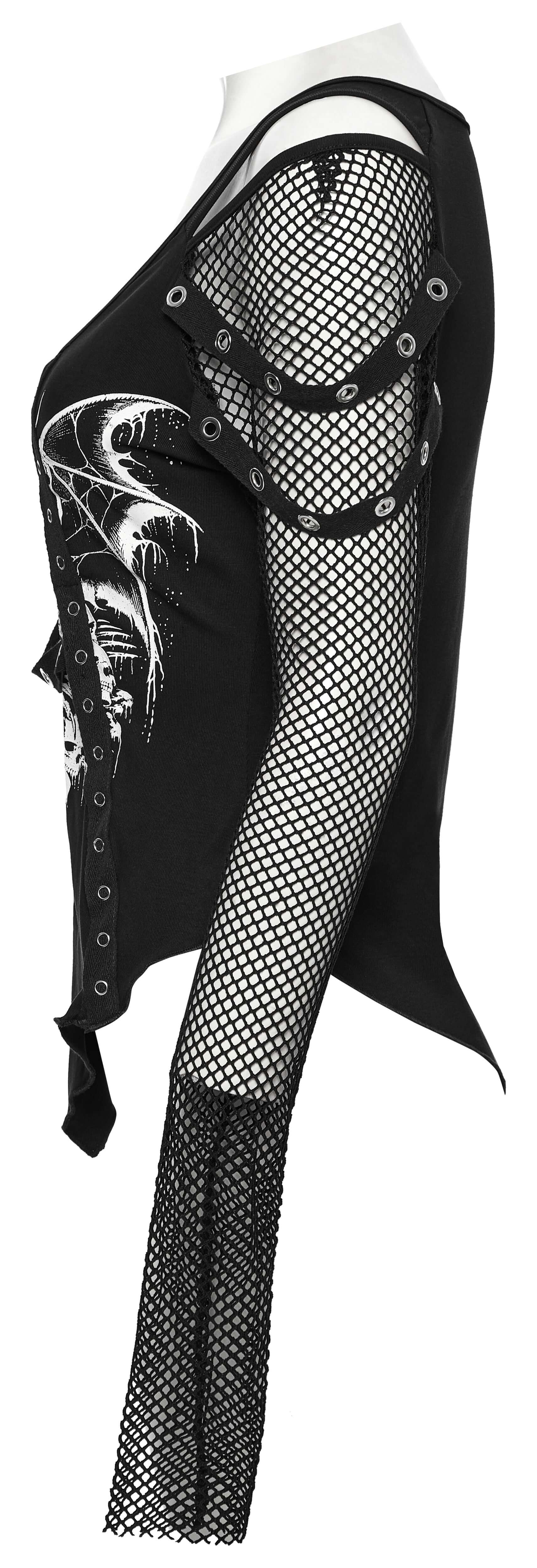 Punk Rave Vonda Bat Skull Printed T-Shirt – Off-Shoulder V-Neck Top