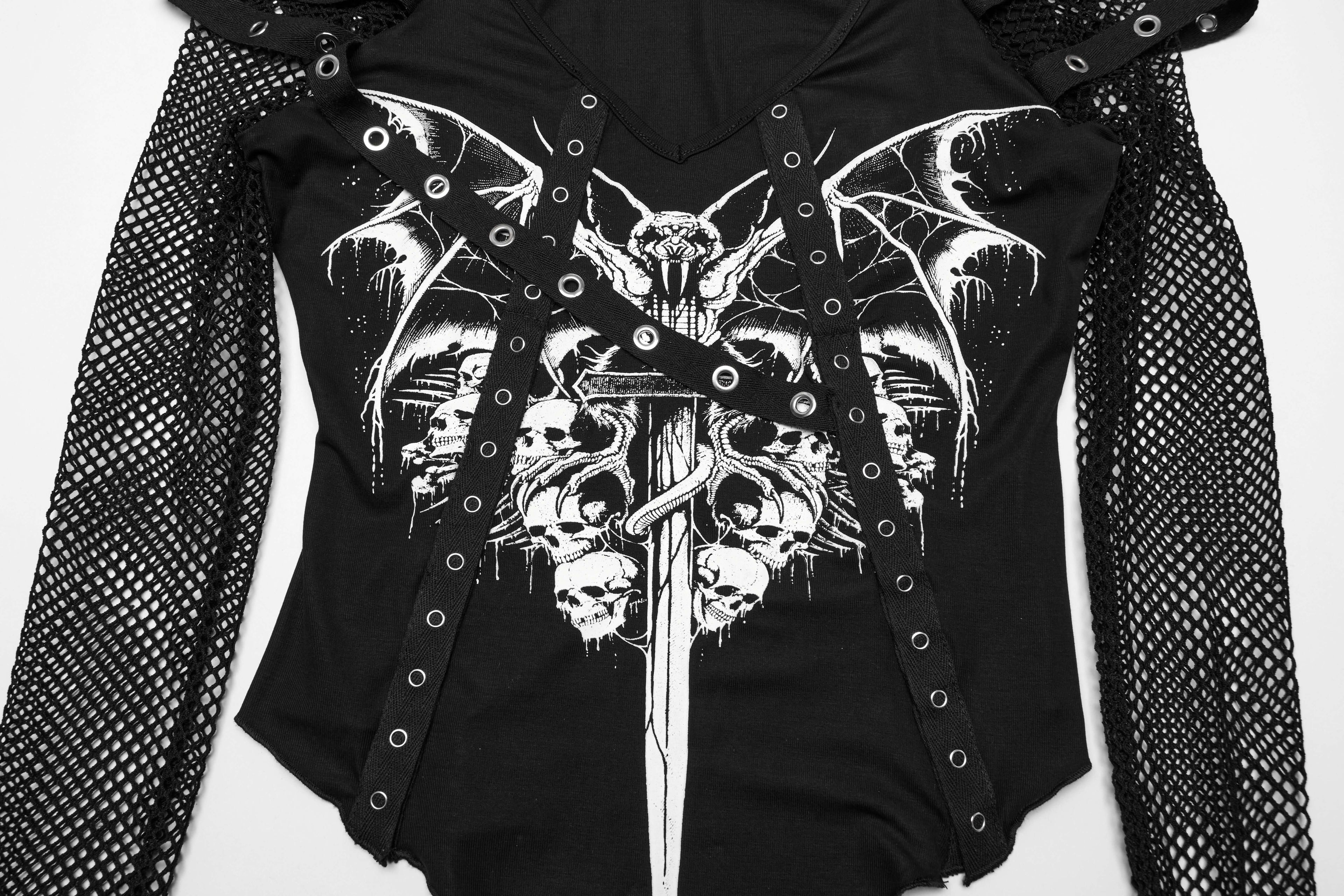 Punk Rave Vonda Bat Skull Printed T-Shirt – Off-Shoulder V-Neck Top