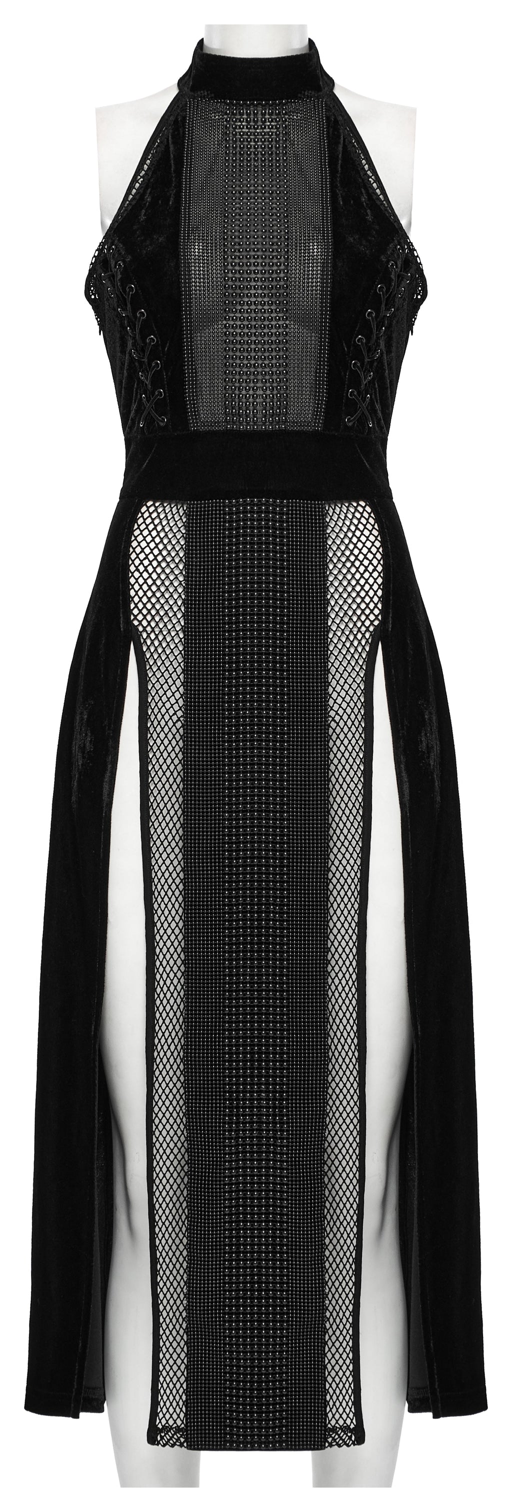 Punk Rave Selene Goth Dress – Black Velvet Mesh High Slit Gown