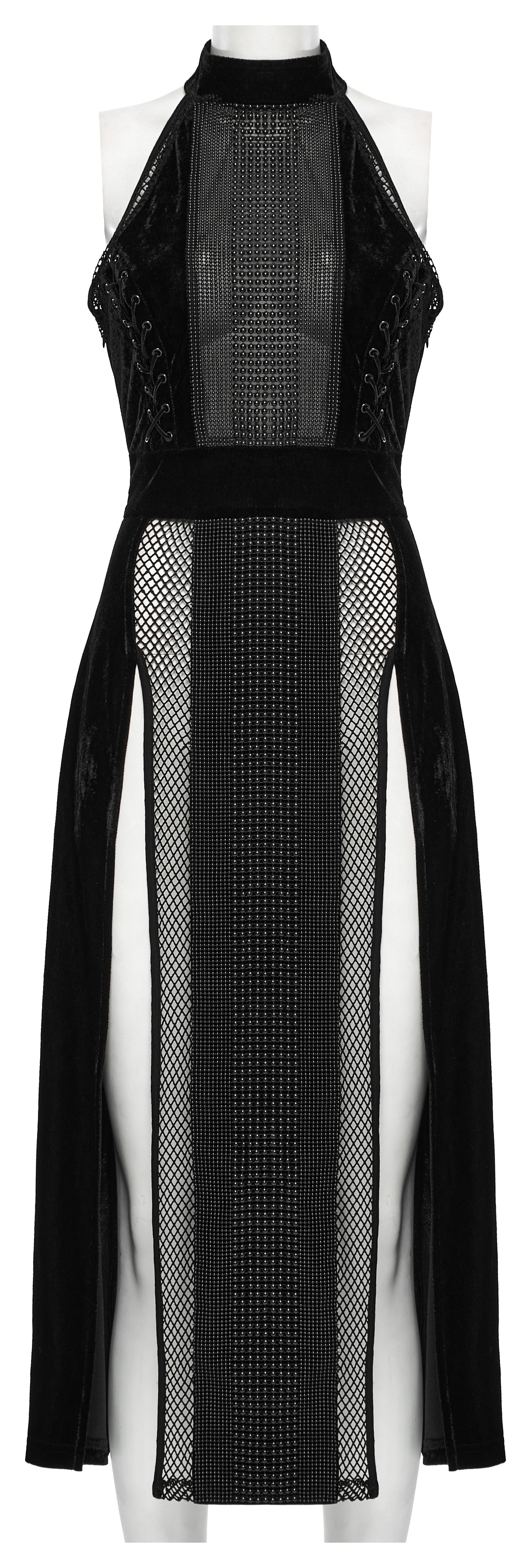 Punk Rave Selene Goth Dress – Black Velvet Mesh High Slit Gown