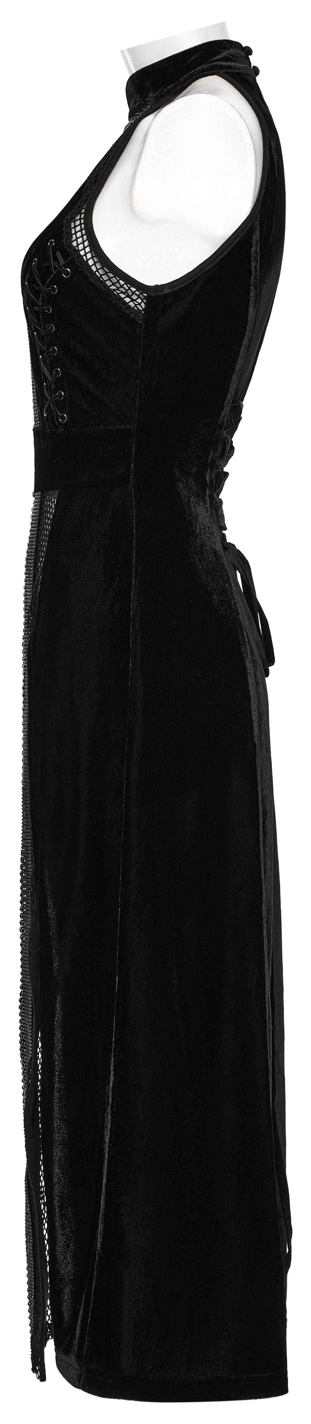 Punk Rave Selene Goth Dress – Black Velvet Mesh High Slit Gown