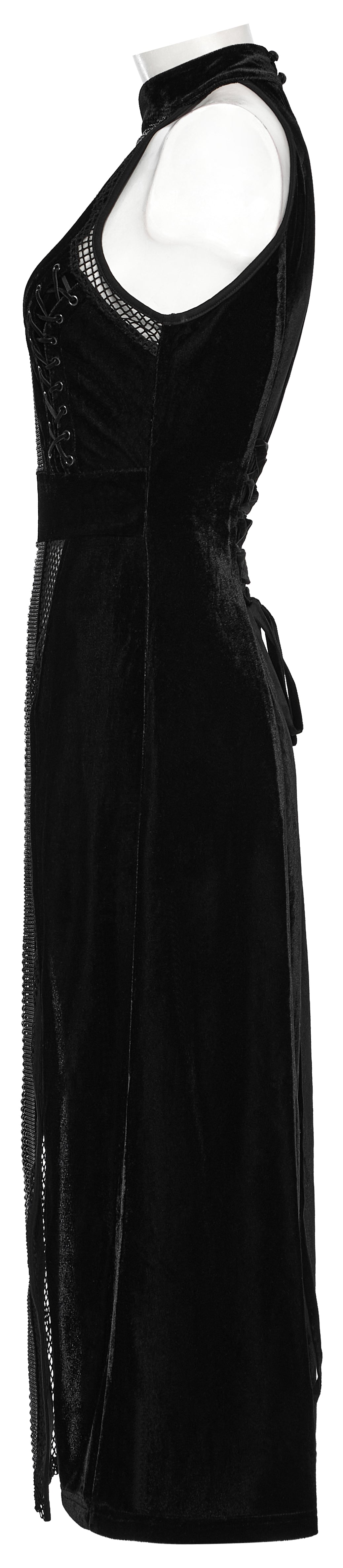 Punk Rave Selene Goth Dress – Black Velvet Mesh High Slit Gown