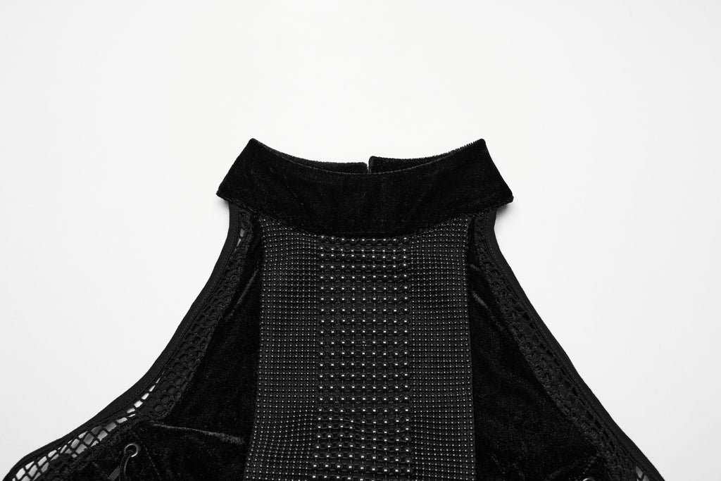 Punk Rave Selene Goth Dress – Black Velvet Mesh High Slit Gown