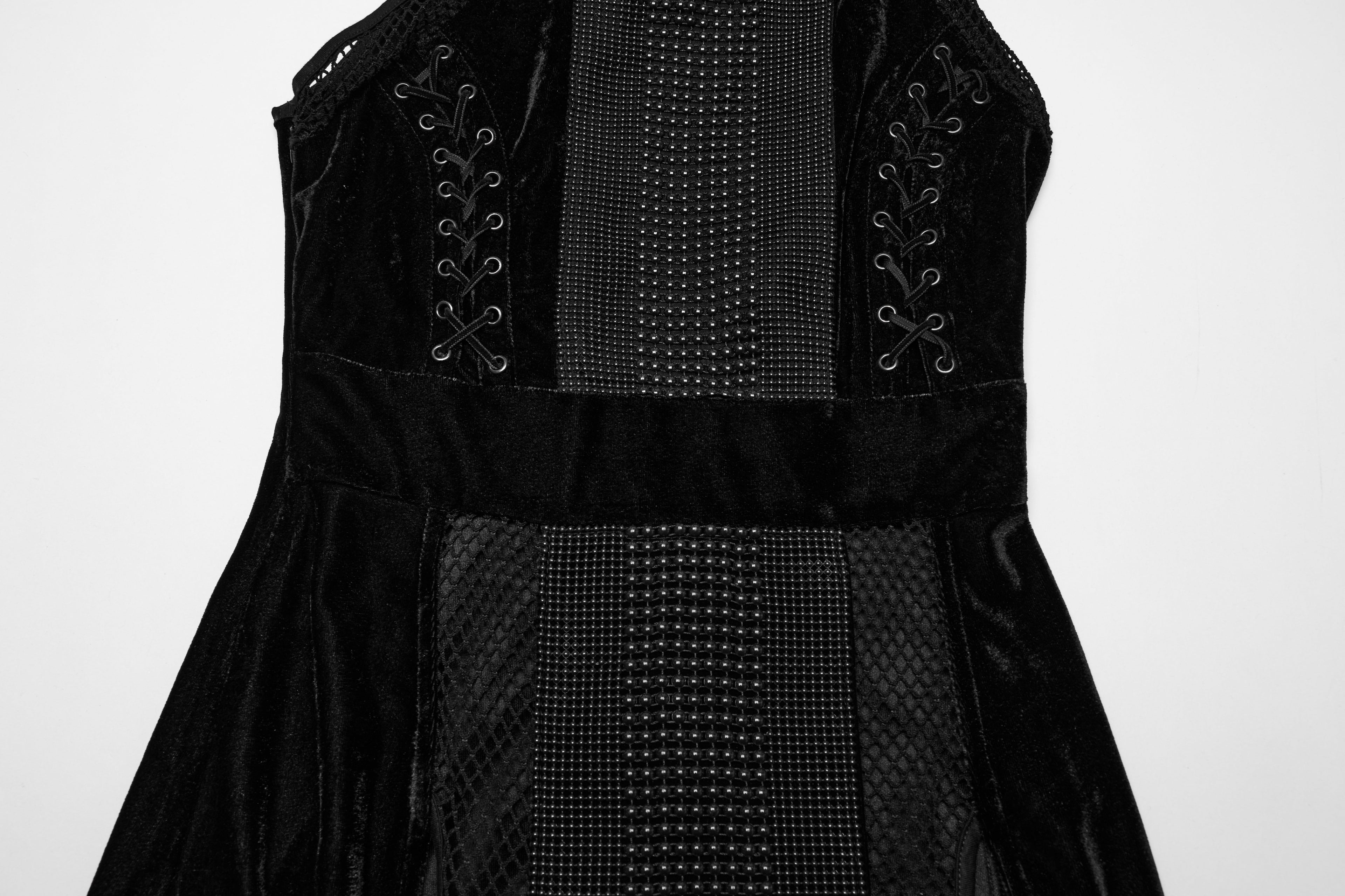 Punk Rave Selene Goth Dress – Black Velvet Mesh High Slit Gown