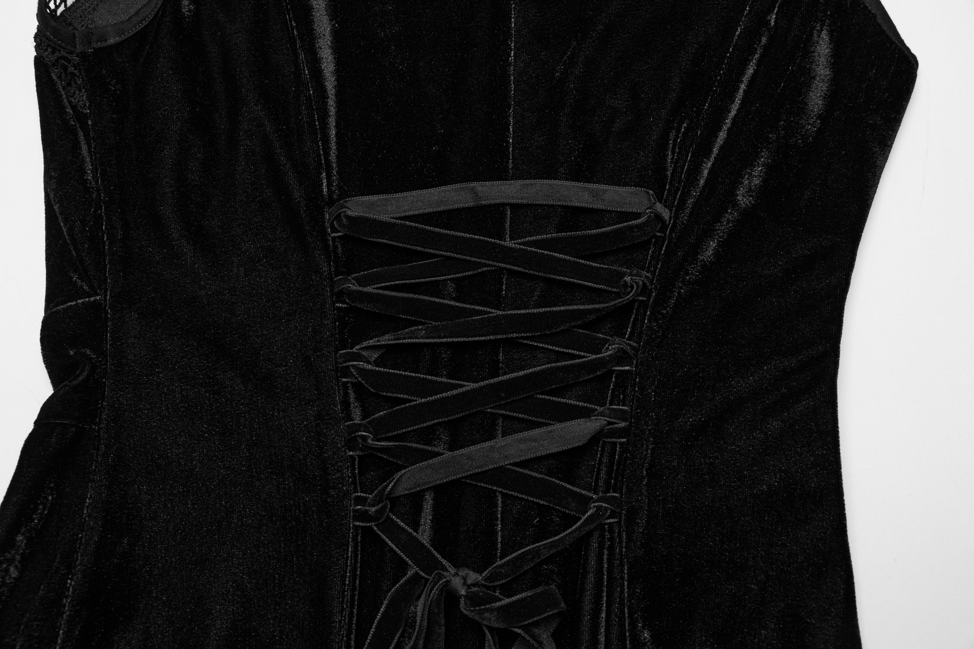 Punk Rave Selene Goth Dress – Black Velvet Mesh High Slit Gown