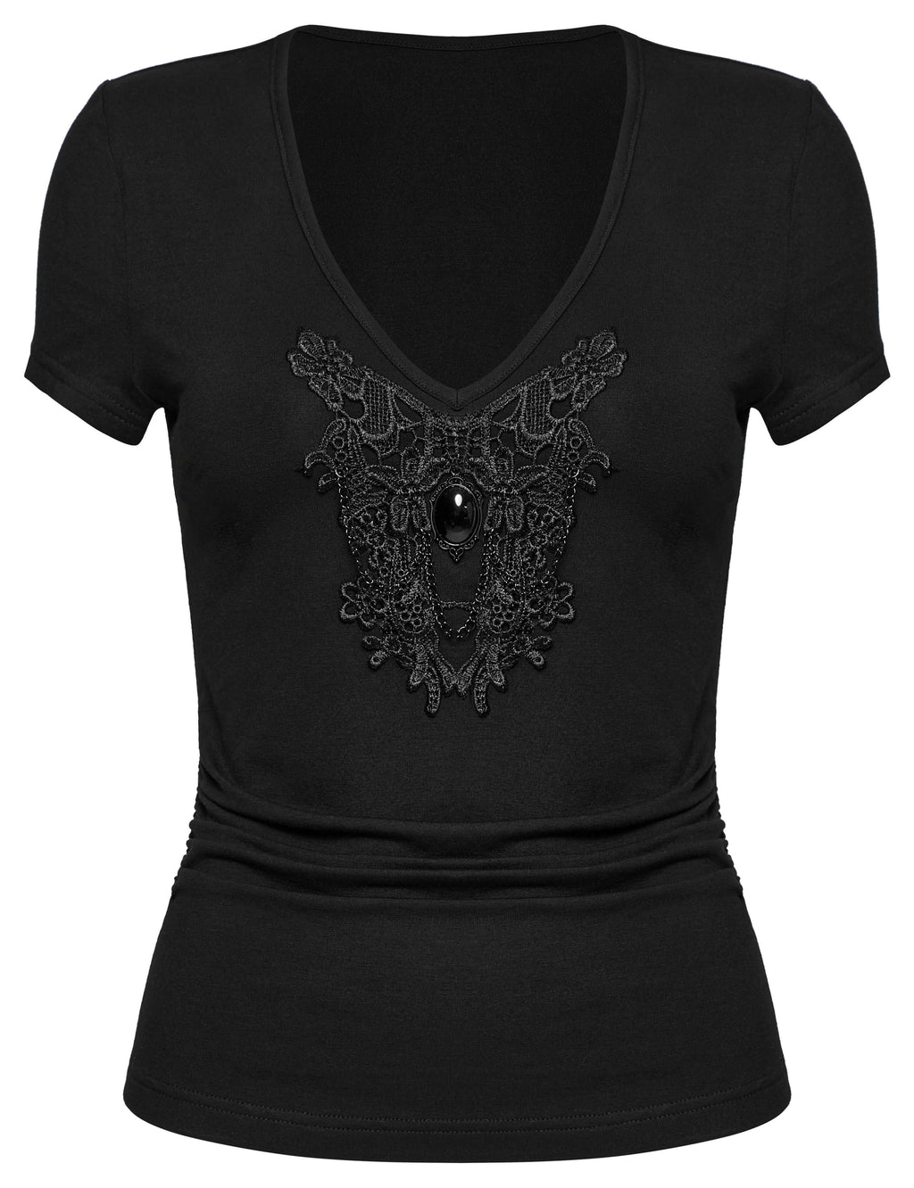 Punk Rave Armida V-Neck T-Shirt – Cotton Waist Pleat Top with Decal