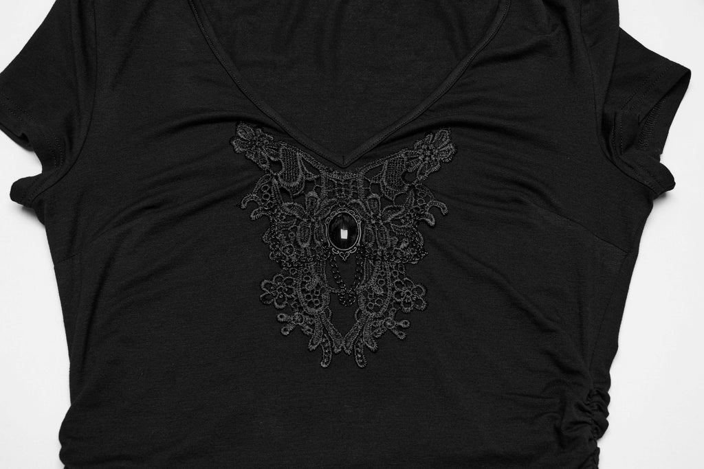 Punk Rave Armida V-Neck T-Shirt – Cotton Waist Pleat Top with Decal
