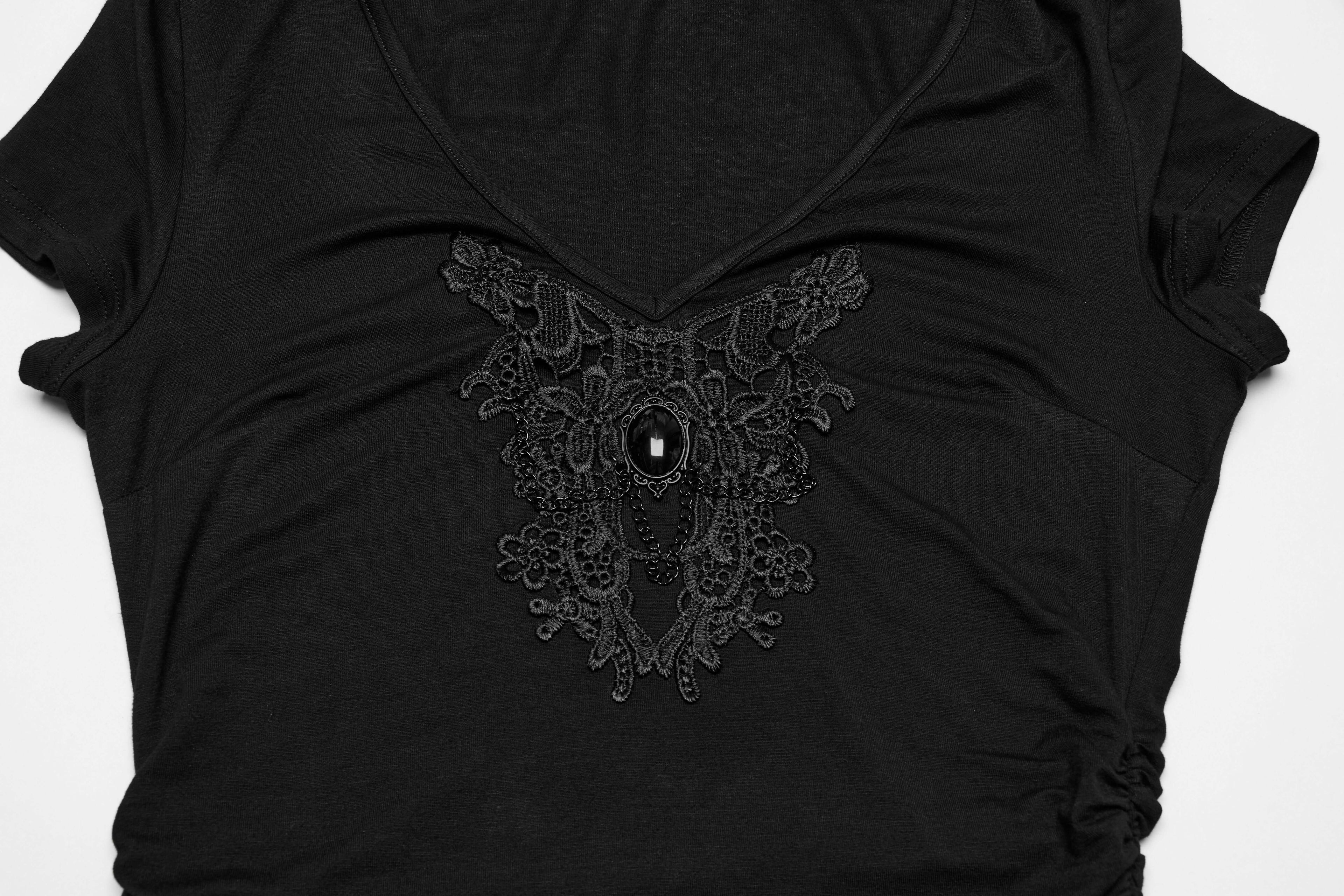 Punk Rave Armida V-Neck T-Shirt – Cotton Waist Pleat Top with Decal