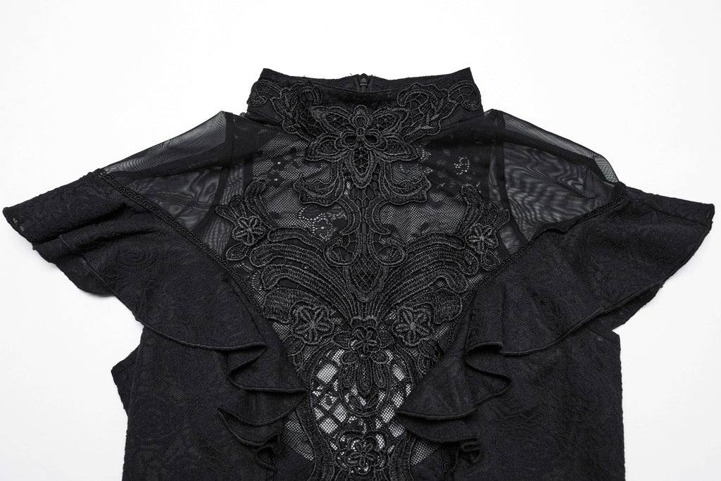 Punk Rave Gothic Applique Top | Kate's Clothing Lace Flutter Sleeve Shirt