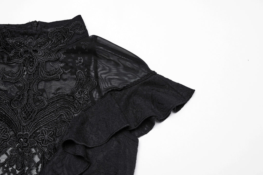 Punk Rave Gothic Applique Top | Kate's Clothing Lace Flutter Sleeve Shirt