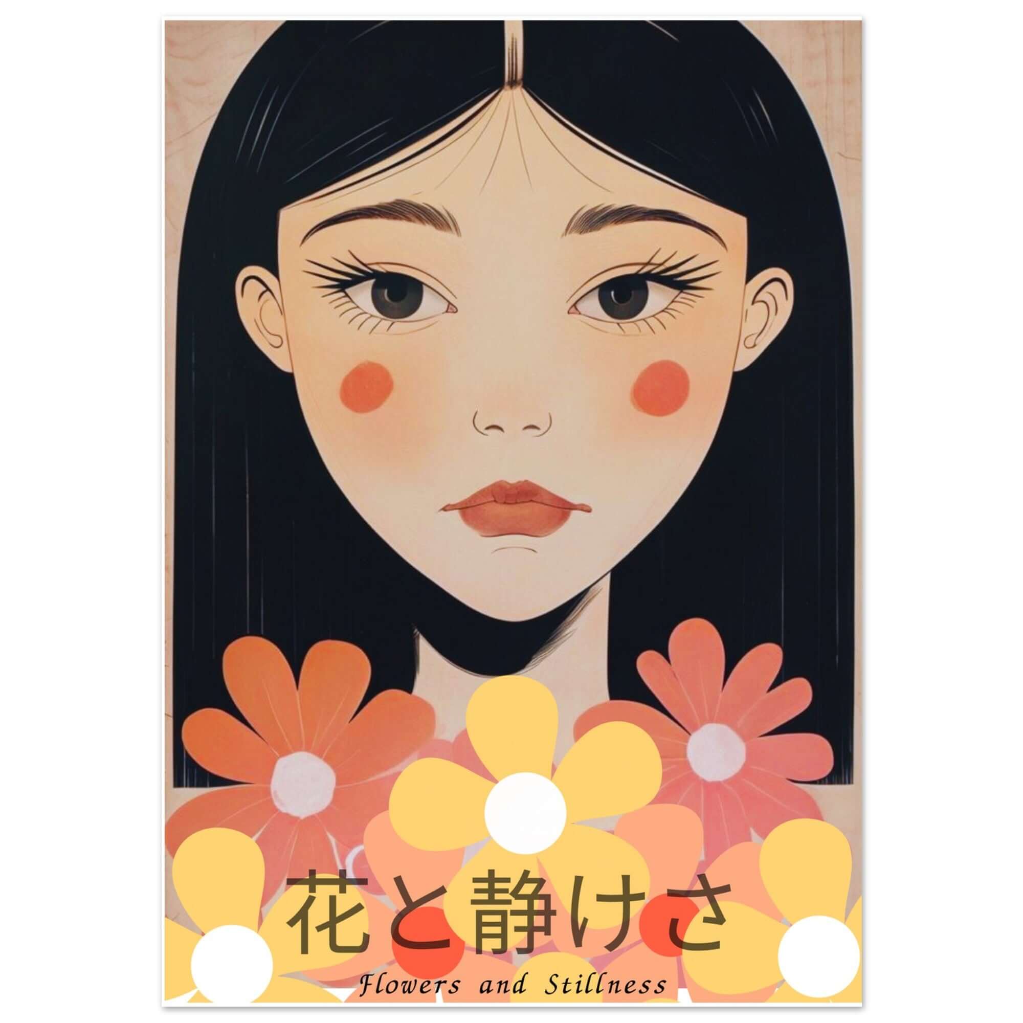 Flowers & Stillness: Japanese Portrait Art Print - Stunning Matte Poster for Home Decor