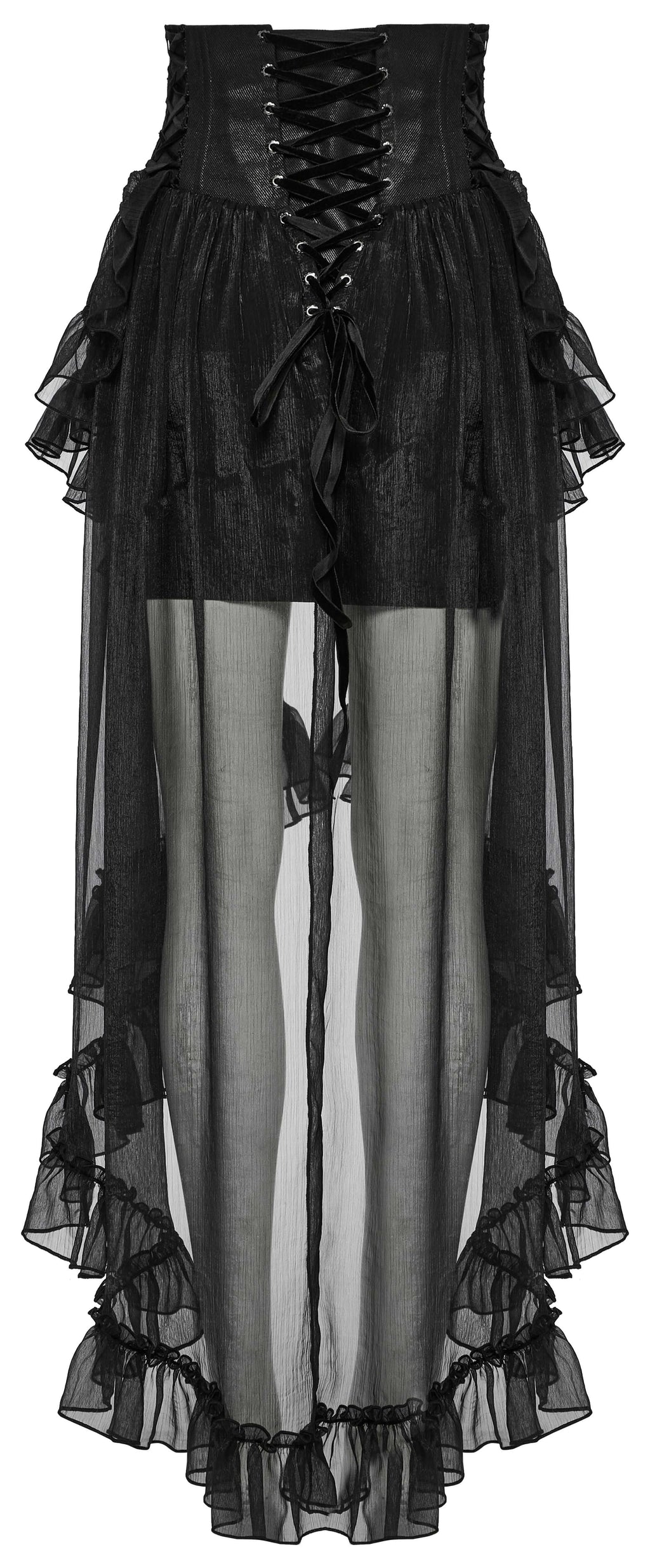 Punk Rave Dila Romantic Chiffon Skirt – Gothic Black Twill & Lace