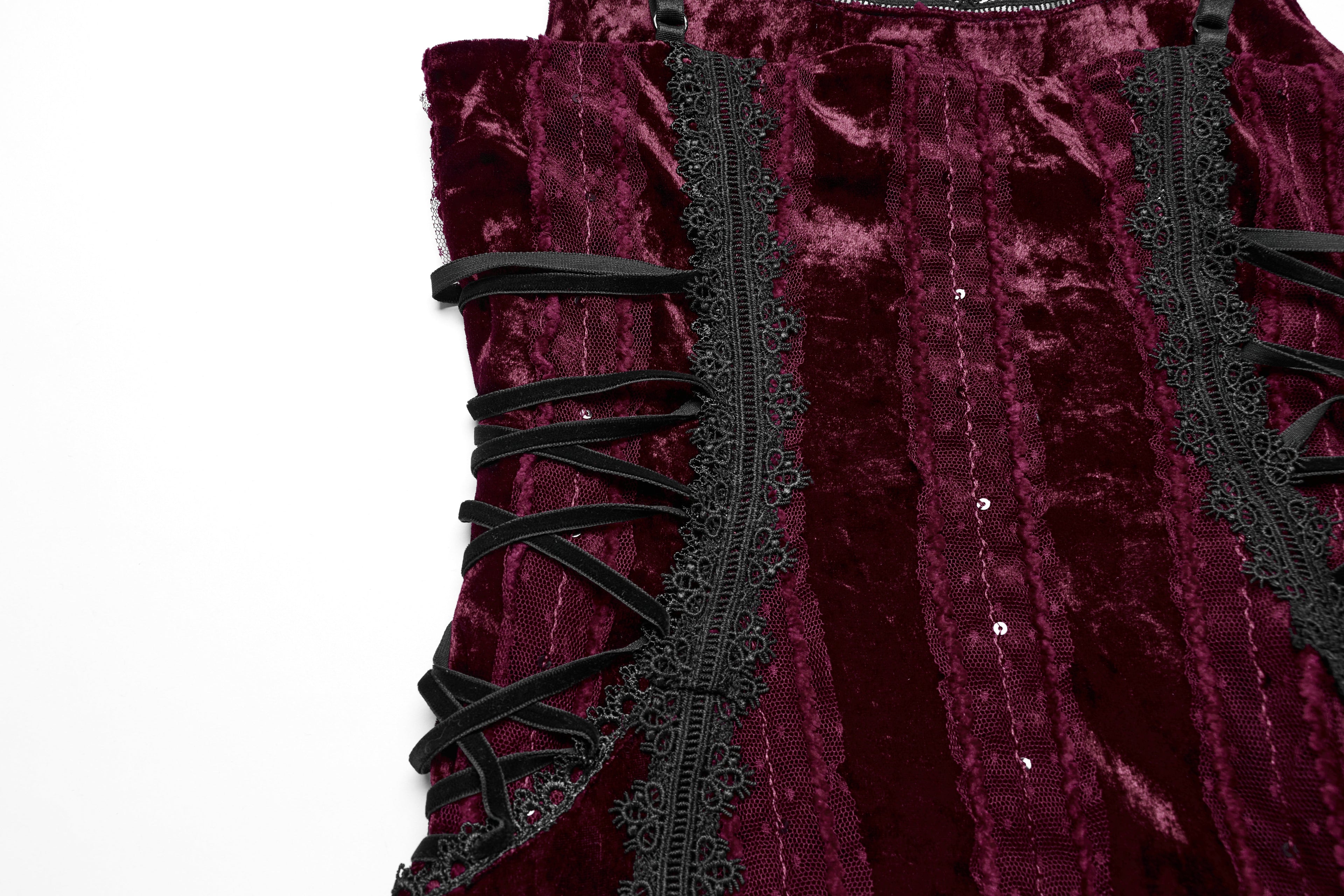 Punk Rave Vivienne Velvet Lace Panel Goth Slip Dress – Burgundy