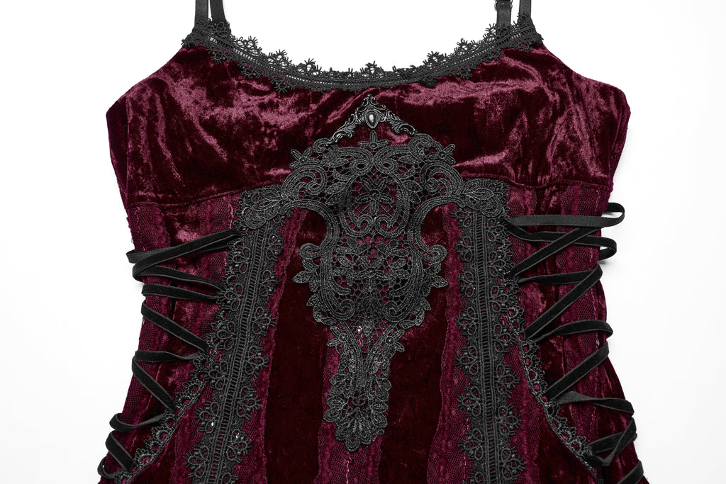 Punk Rave Vivienne Velvet Lace Panel Goth Slip Dress – Burgundy