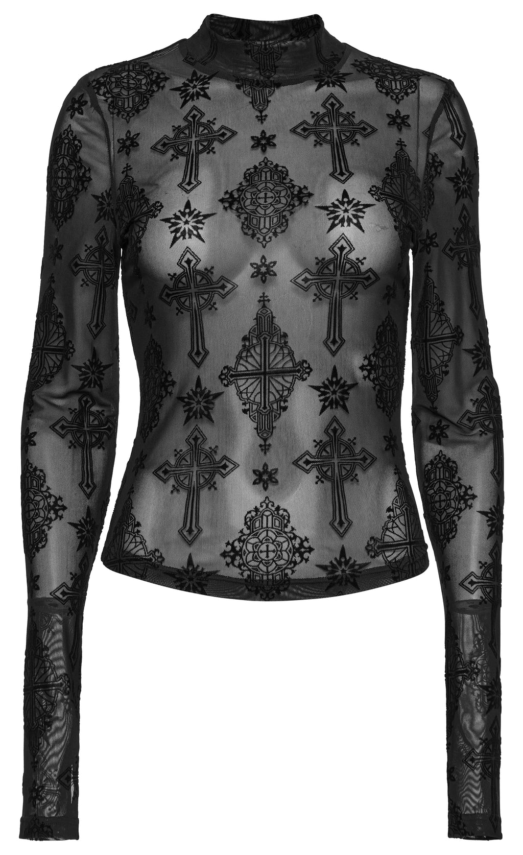Punk Rave Ravena Cross Flocking Mesh Top – Gothic Sheer Long Sleeve