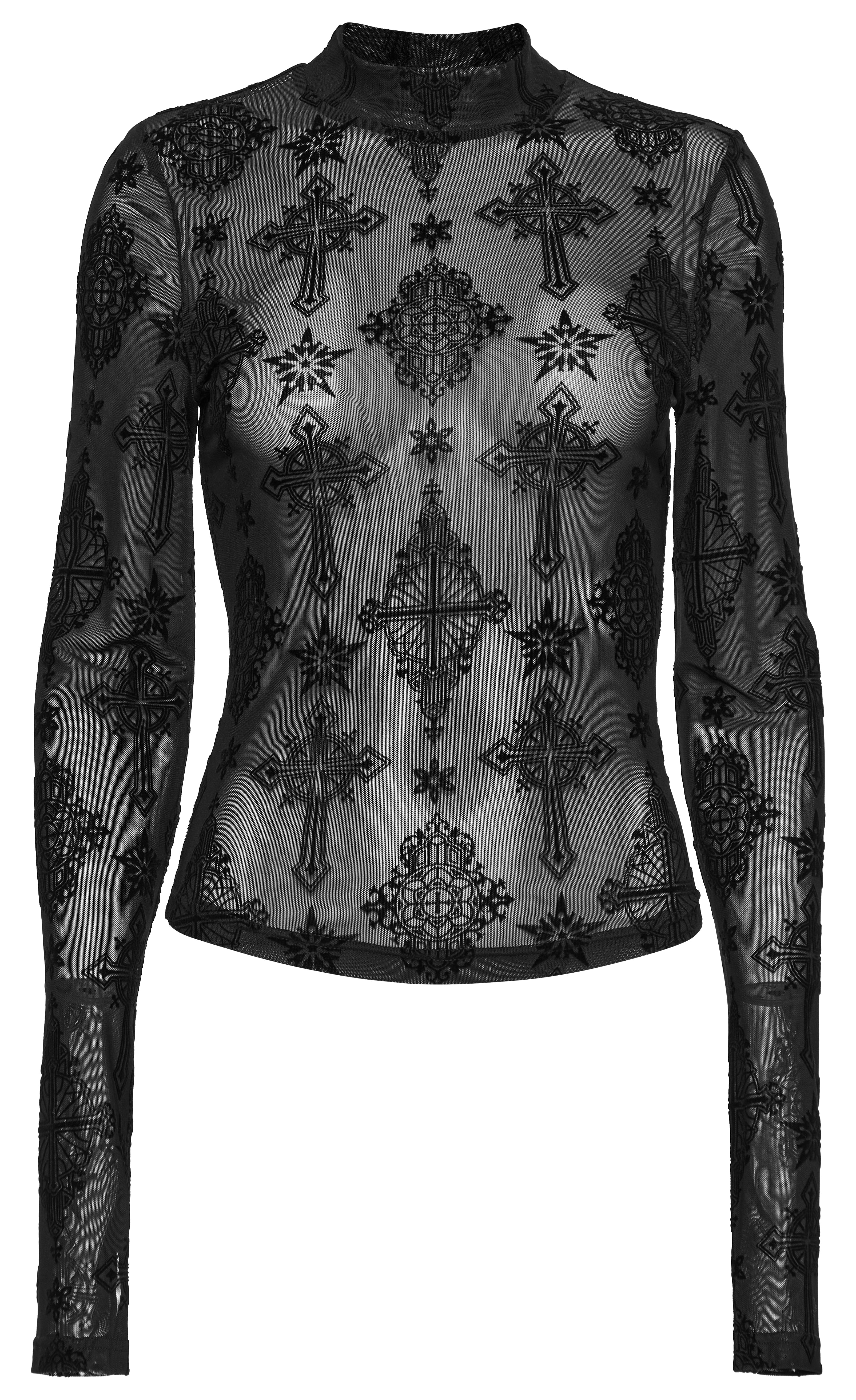 Punk Rave Ravena Cross Flocking Mesh Top – Gothic Sheer Long Sleeve