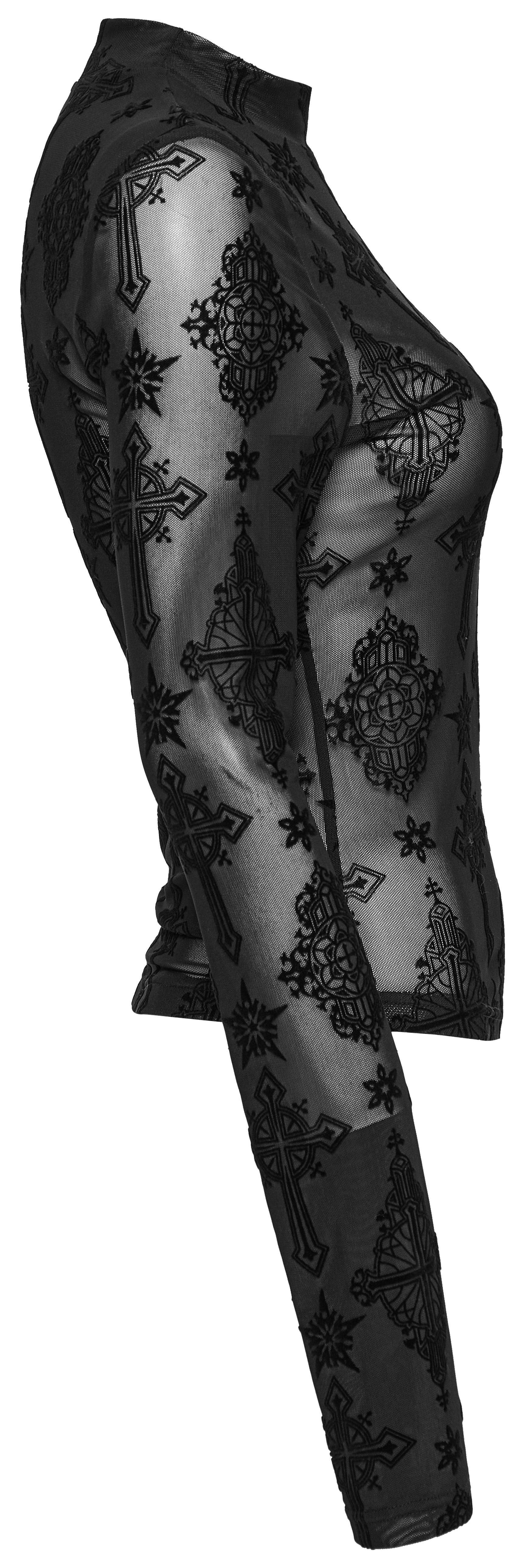 Punk Rave Ravena Cross Flocking Mesh Top – Gothic Sheer Long Sleeve