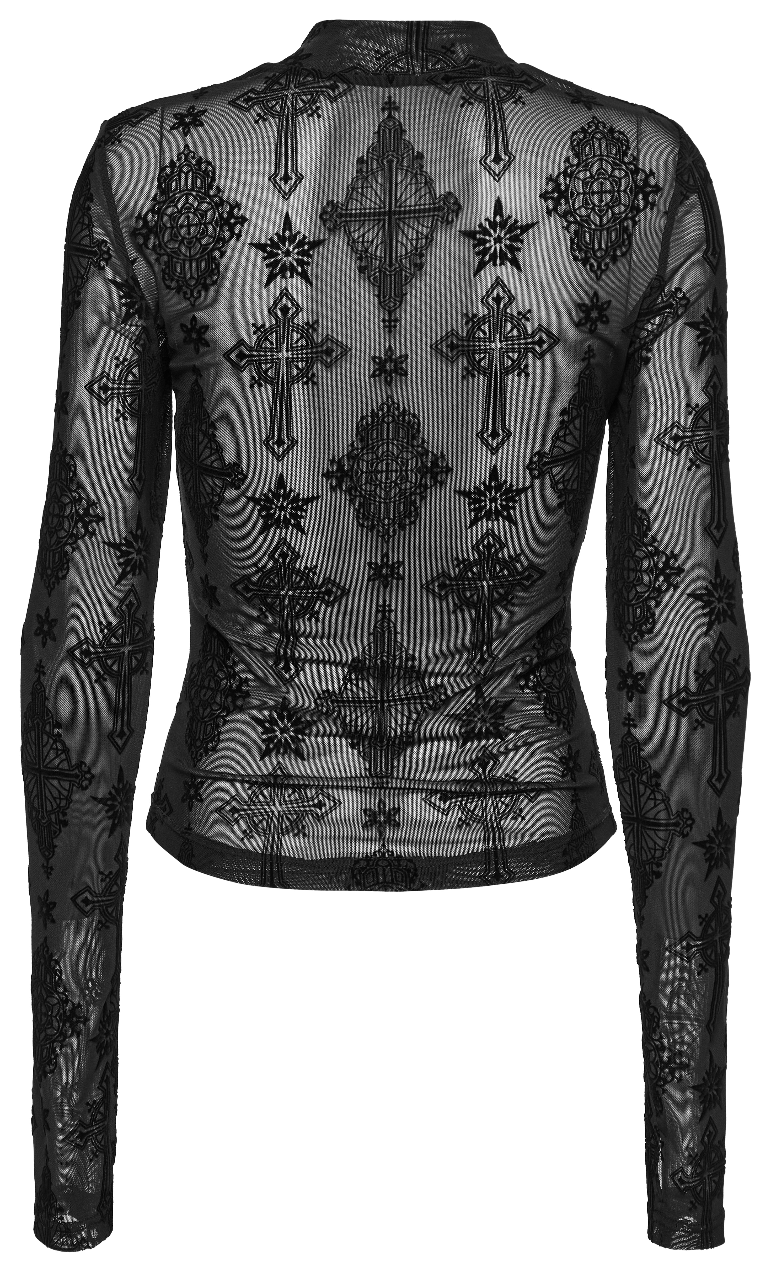 Punk Rave Ravena Cross Flocking Mesh Top – Gothic Sheer Long Sleeve