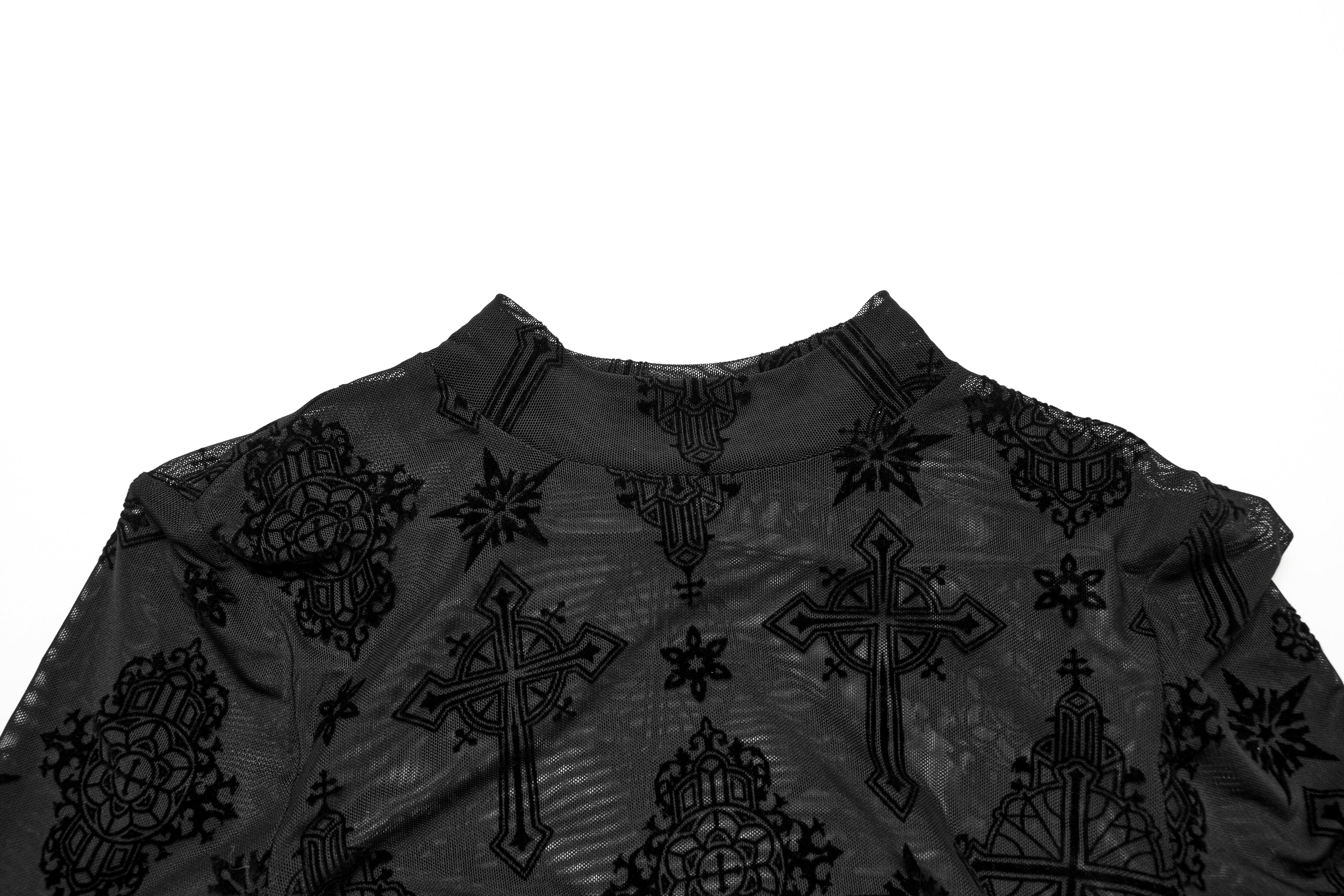 Punk Rave Ravena Cross Flocking Mesh Top – Gothic Sheer Long Sleeve