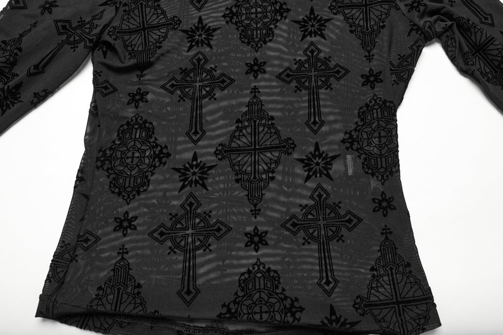 Punk Rave Ravena Cross Flocking Mesh Top – Gothic Sheer Long Sleeve