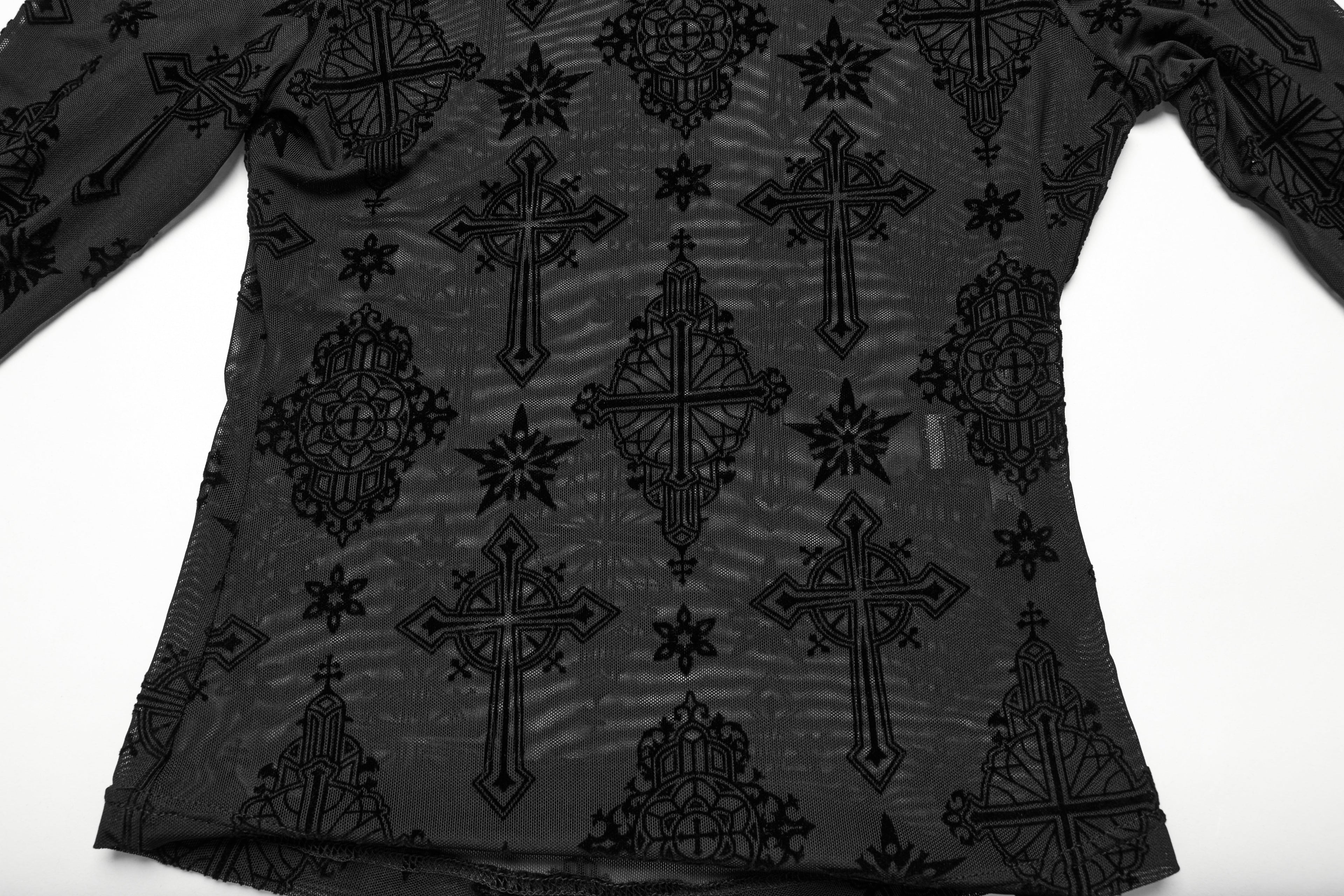 Punk Rave Ravena Cross Flocking Mesh Top – Gothic Sheer Long Sleeve
