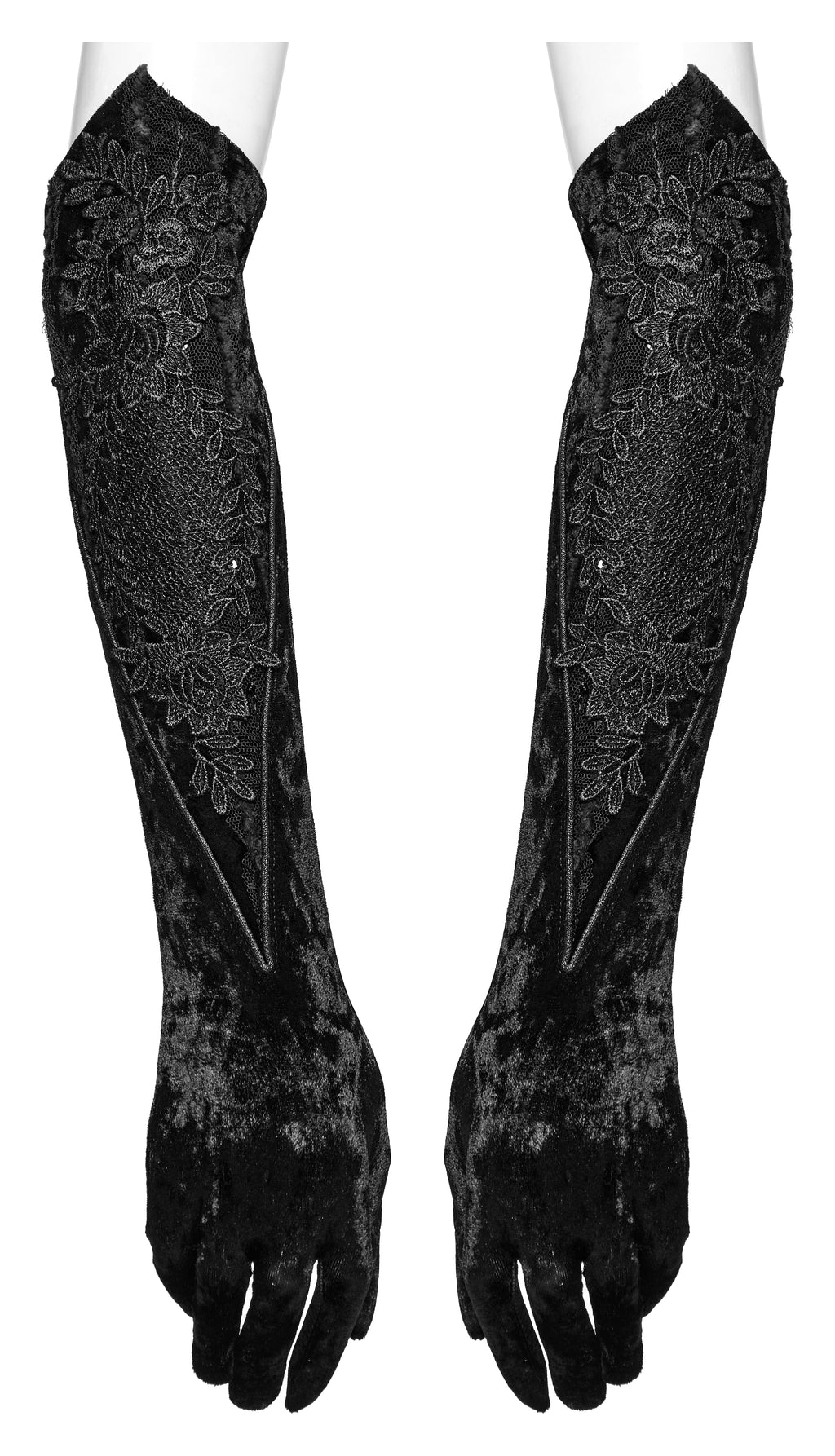 Punk Rave Selene Black Velvet Embroidered Gothic Gloves with Pointed Cuffs